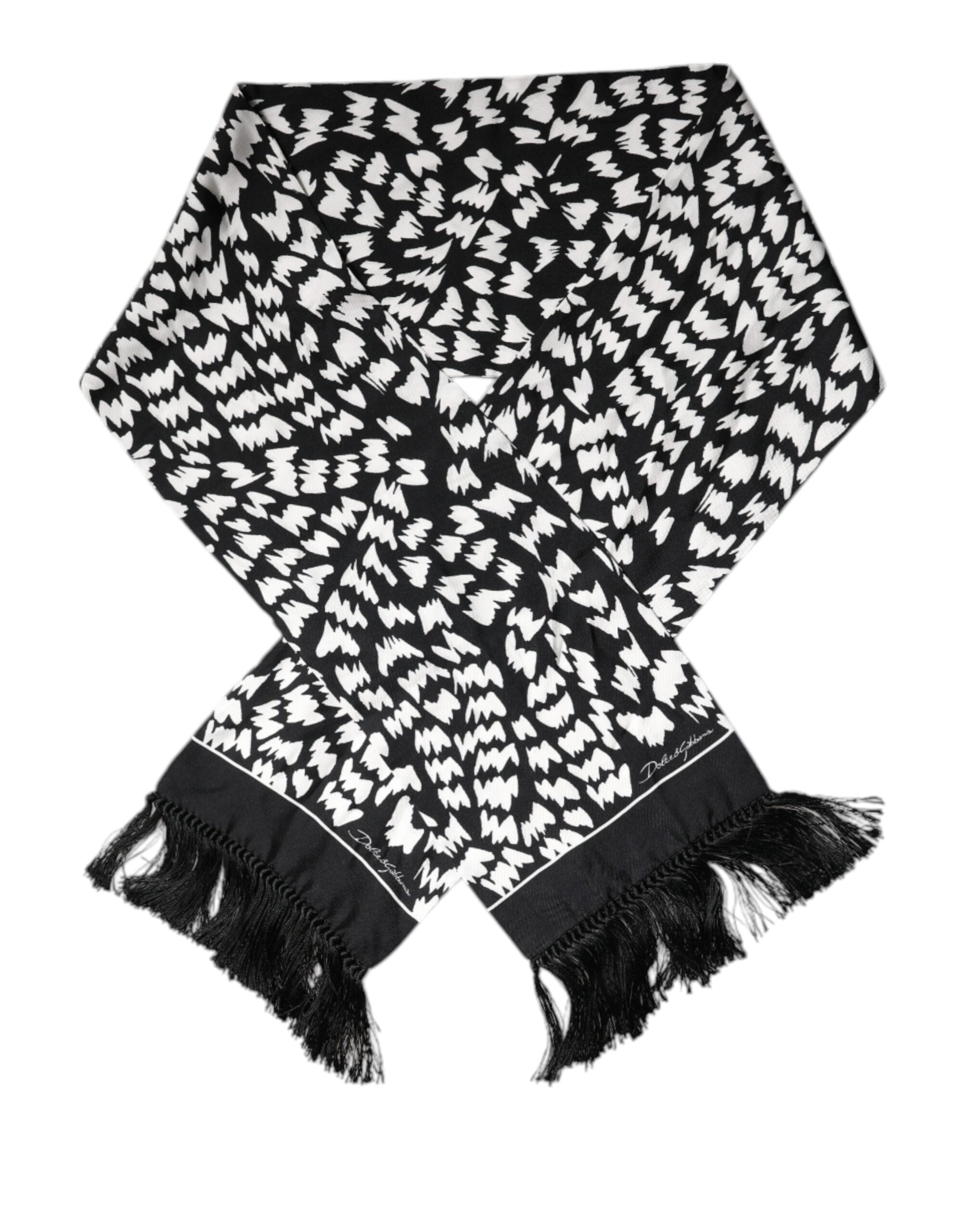 Dolce & Gabbana Black White Patterned Fringes Shawl Women's Scarf (Pre-Owned)