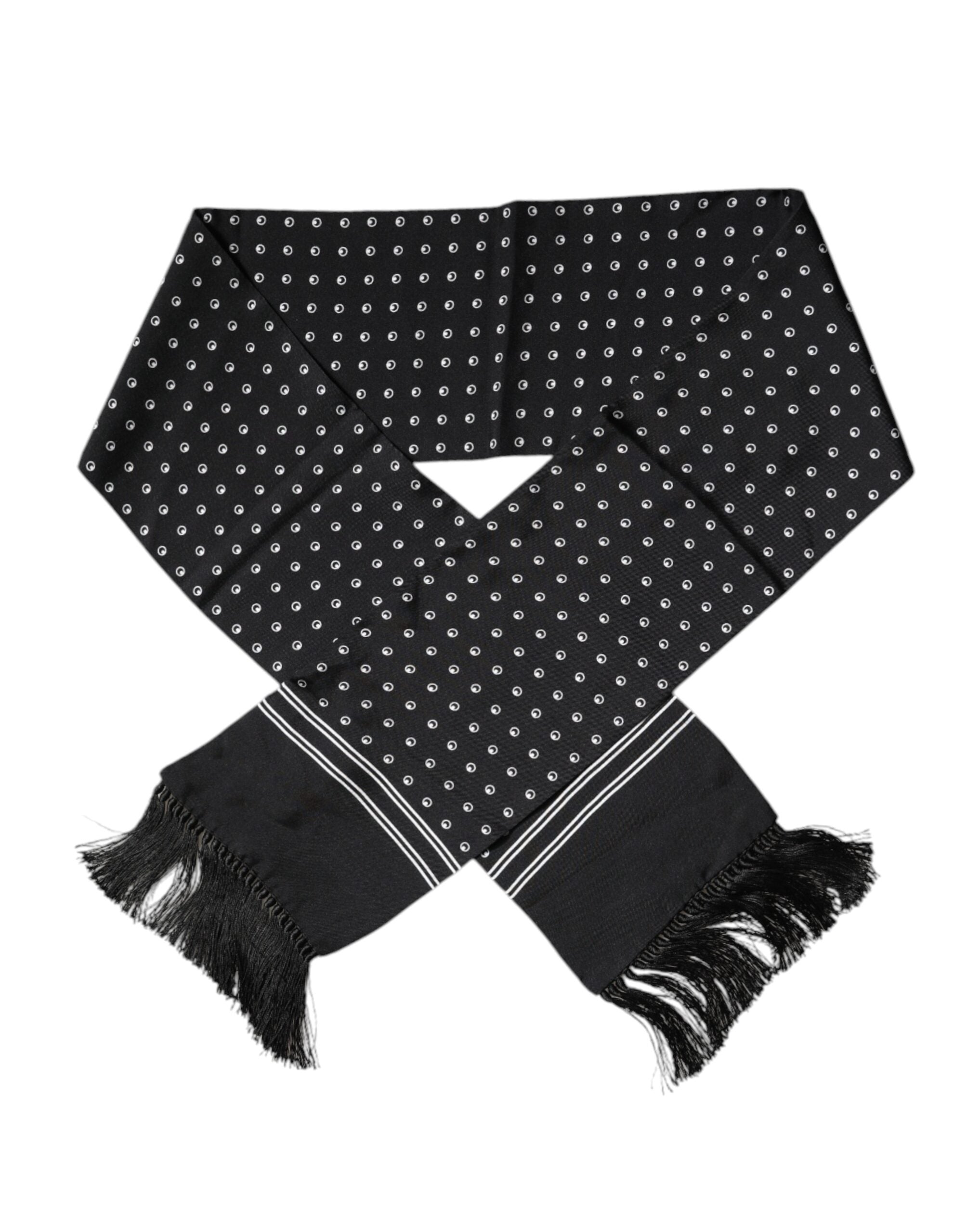 Dolce & Gabbana Black White Polka Dotted Silk Skinny Fringes Men's Scarf