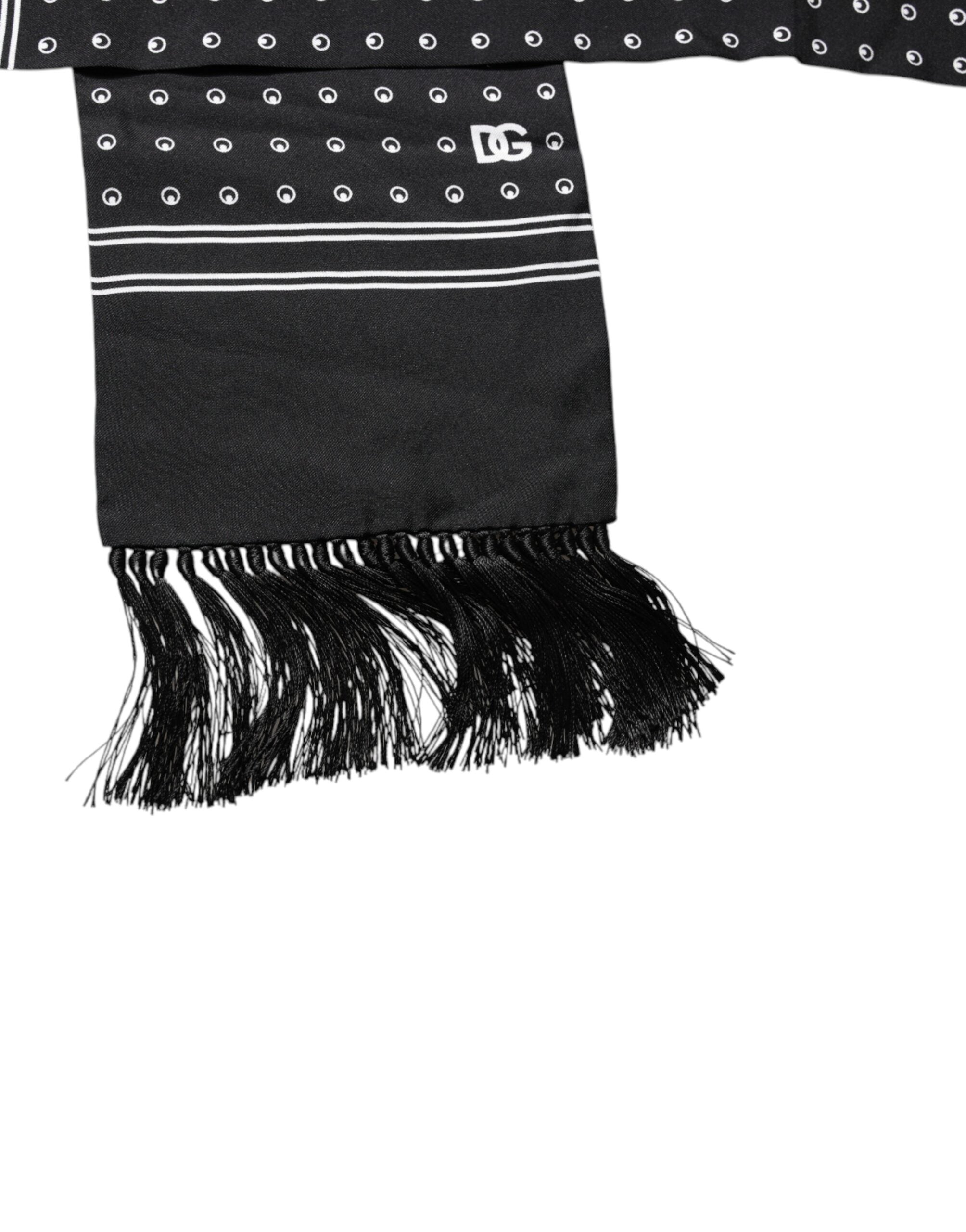 Dolce & Gabbana Black White Polka Dotted Silk Skinny Fringes Men's Scarf