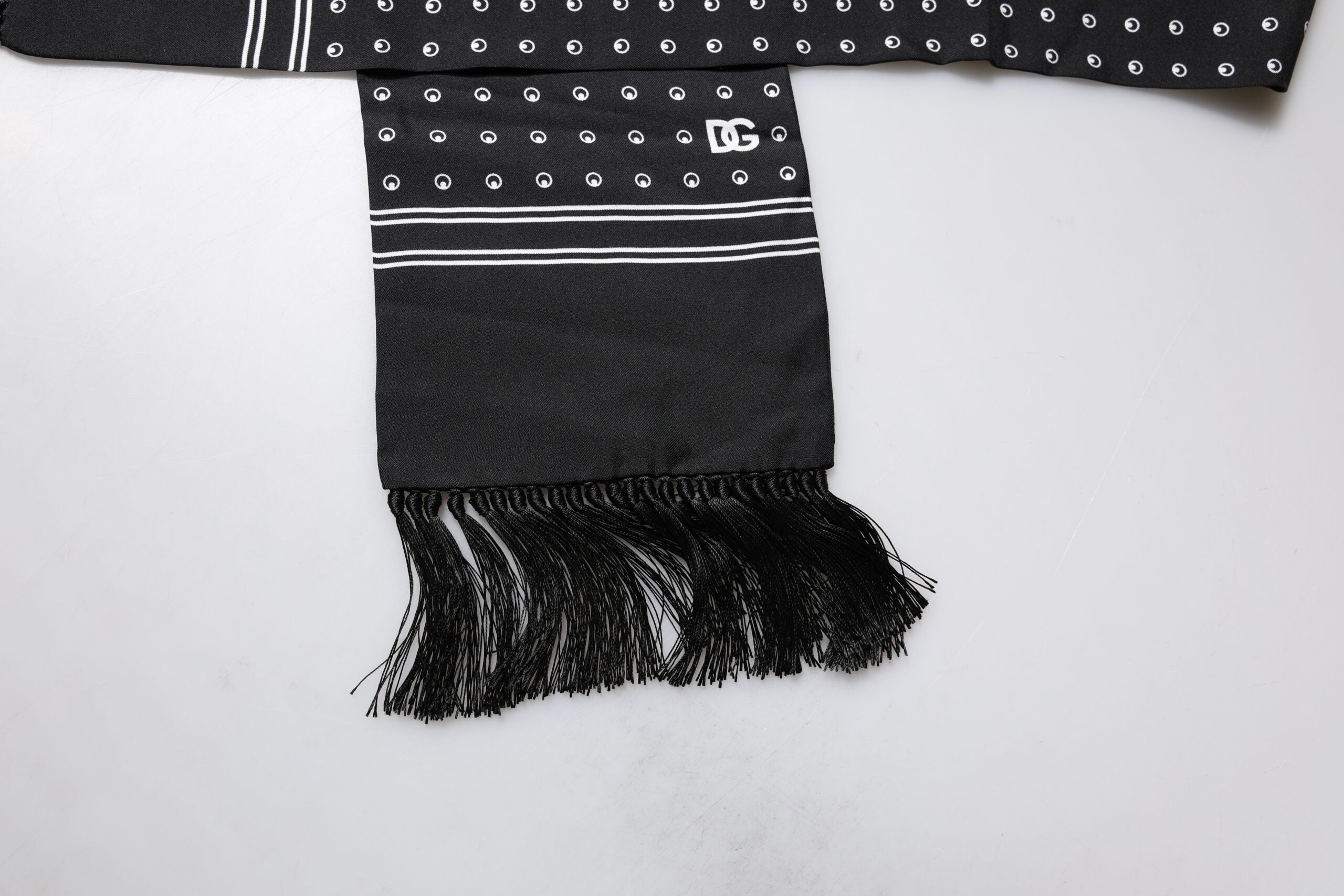 Dolce & Gabbana Black White Polka Dotted Silk Skinny Fringes Men's Scarf