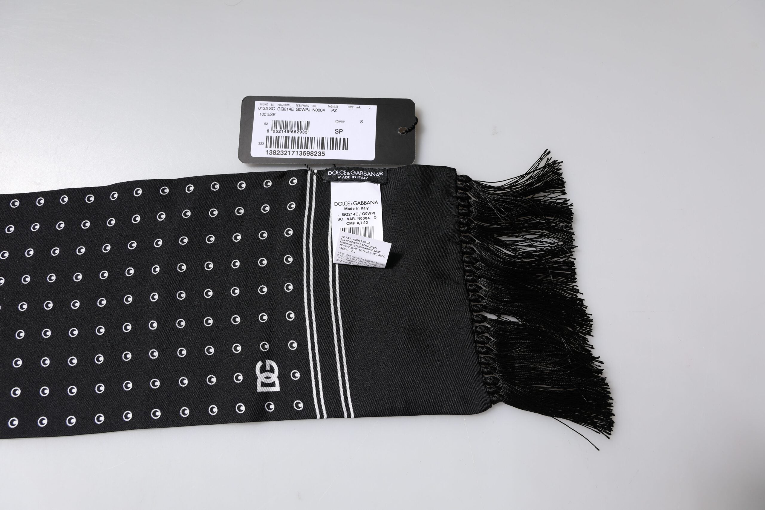 Dolce & Gabbana Black White Polka Dotted Silk Skinny Fringes Men's Scarf