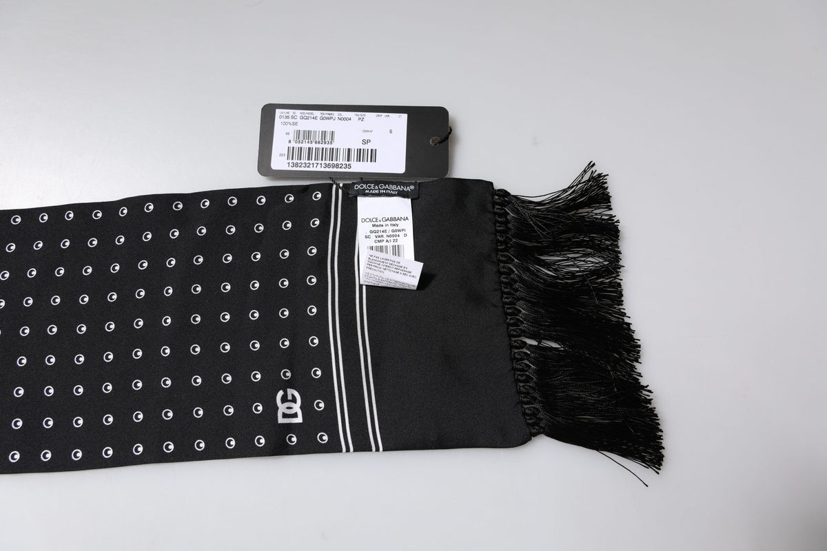 Dolce & Gabbana Black White Polka Dotted Silk Skinny Fringes Men's Scarf
