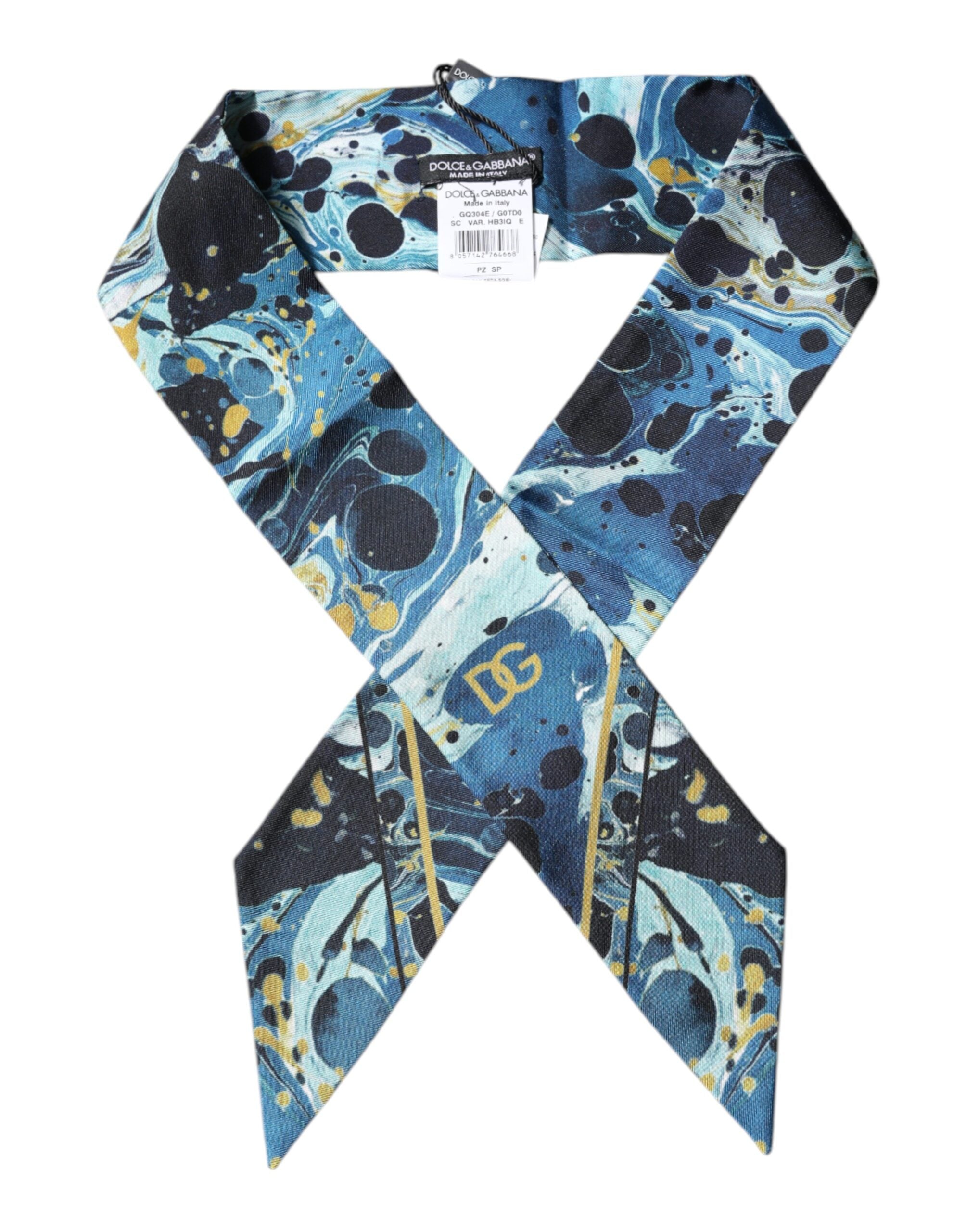Dolce & Gabbana Blue Marble Print Silk Skinny Foulard Women's Scarf