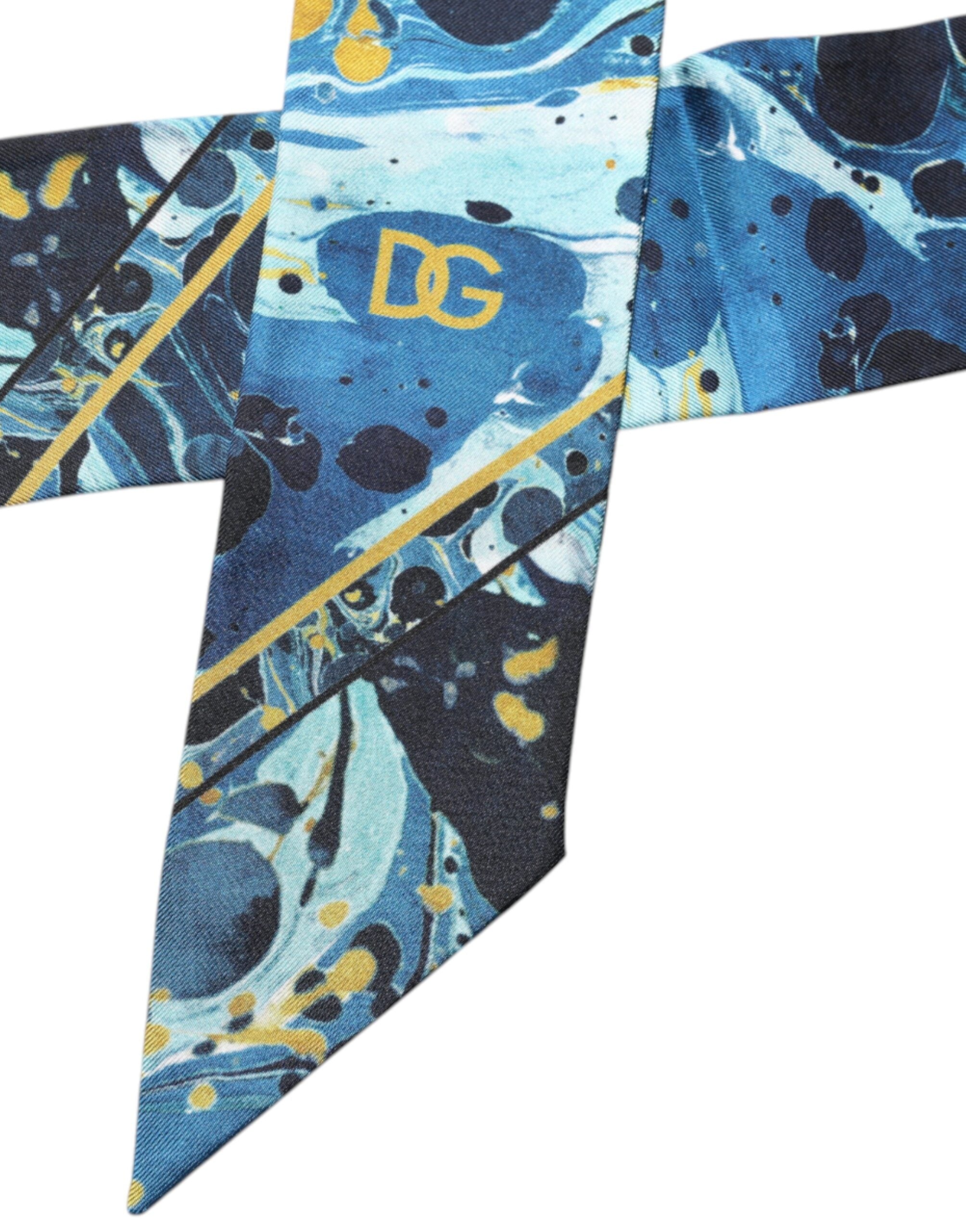 Dolce & Gabbana Blue Marble Print Silk Skinny Foulard Women's Scarf