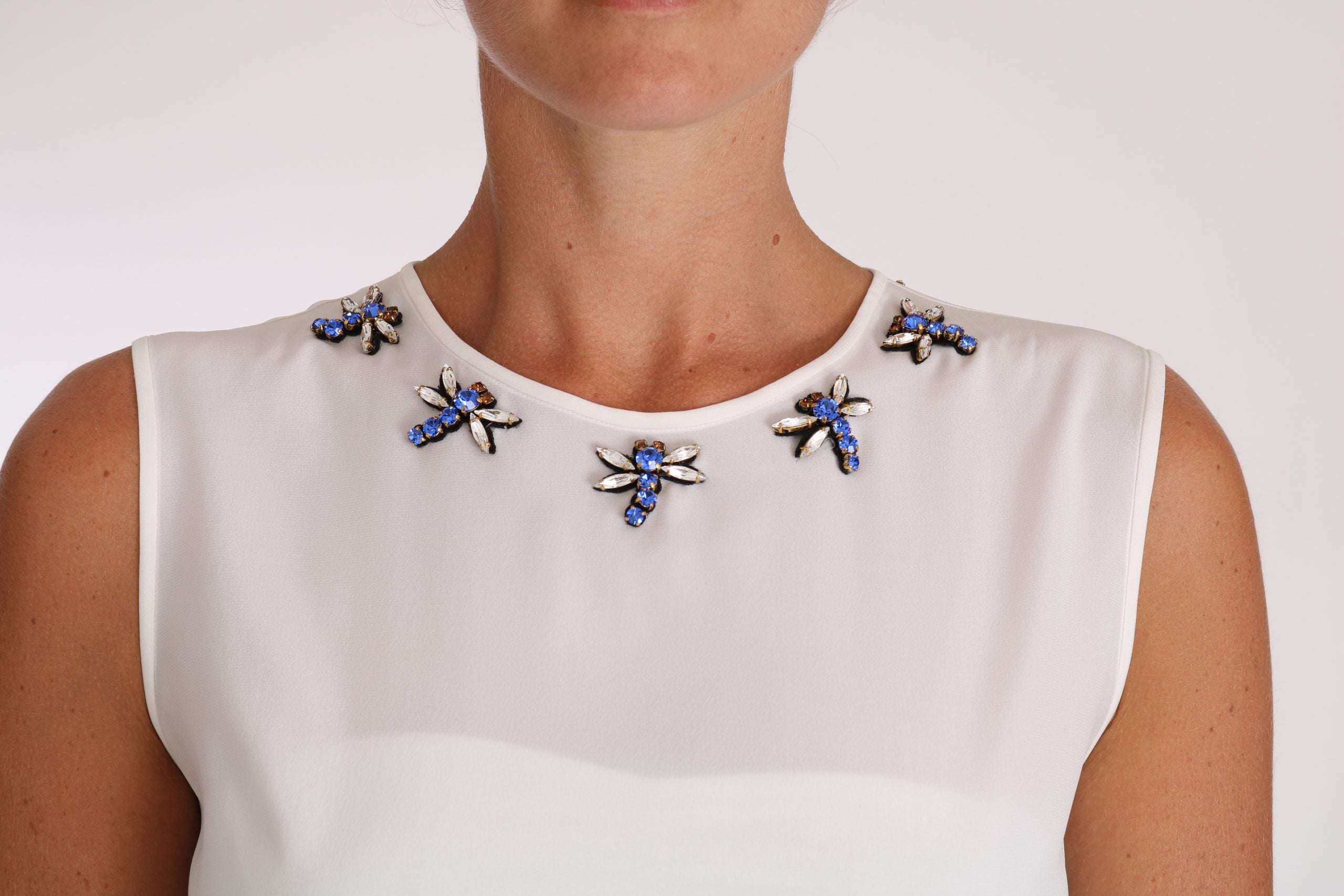 Dolce & Gabbana White Silk Crystal Embellished Fly Women's T-shirt