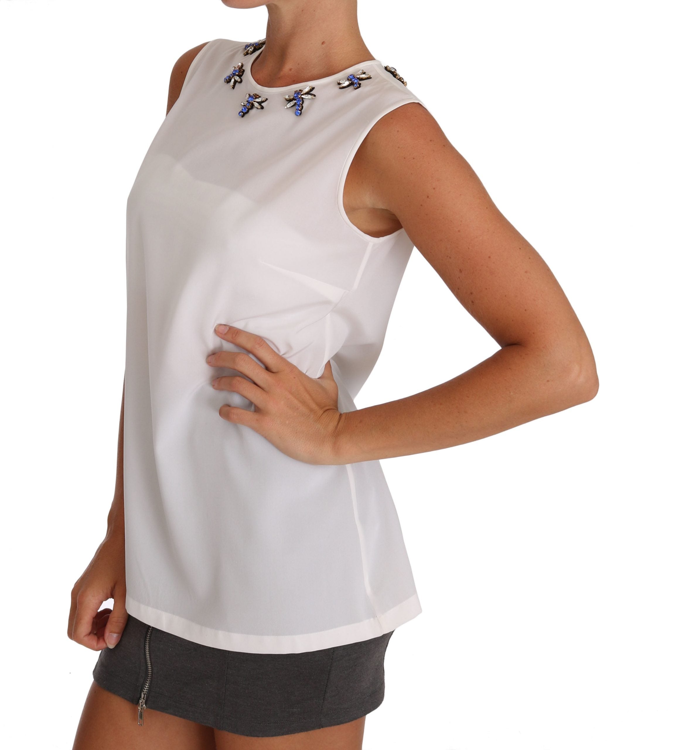 Dolce & Gabbana White Silk Crystal Embellished Fly Women's T-shirt