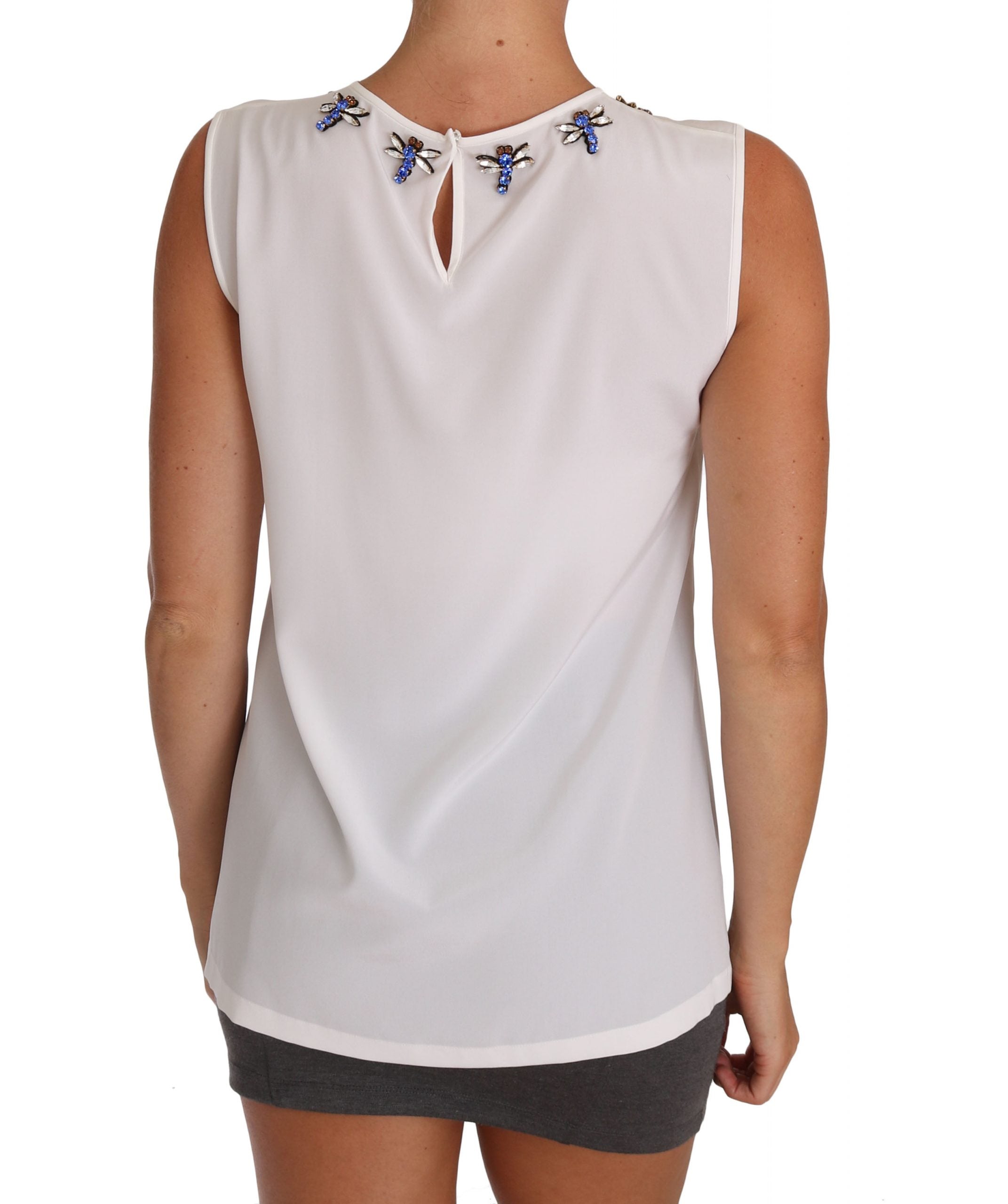 Dolce & Gabbana White Silk Crystal Embellished Fly Women's T-shirt