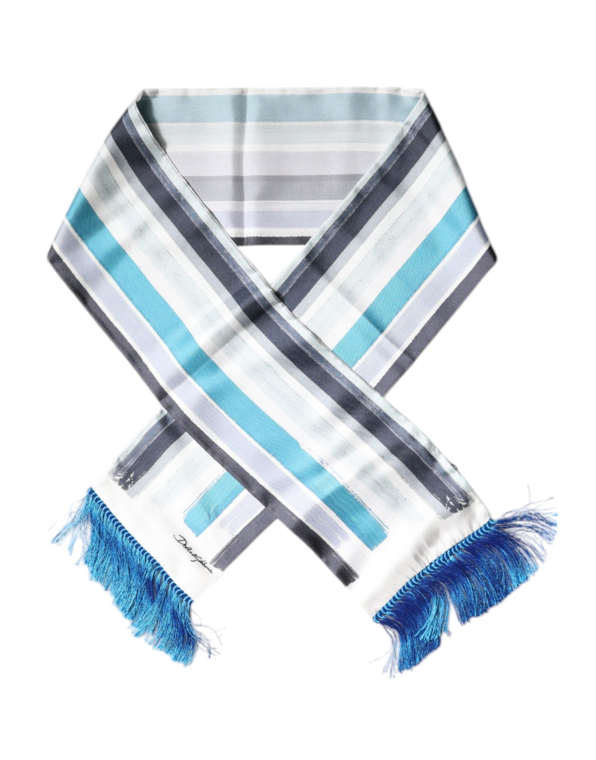 Dolce & Gabbana White Blue Stripes Silk Fringes Wrap Men's Scarf