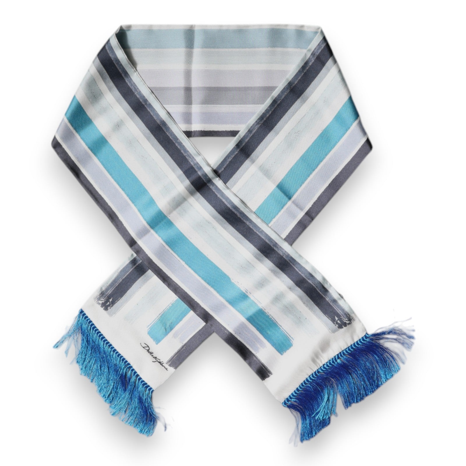 Dolce & Gabbana White Blue Stripes Silk Fringes Wrap Men's Scarf