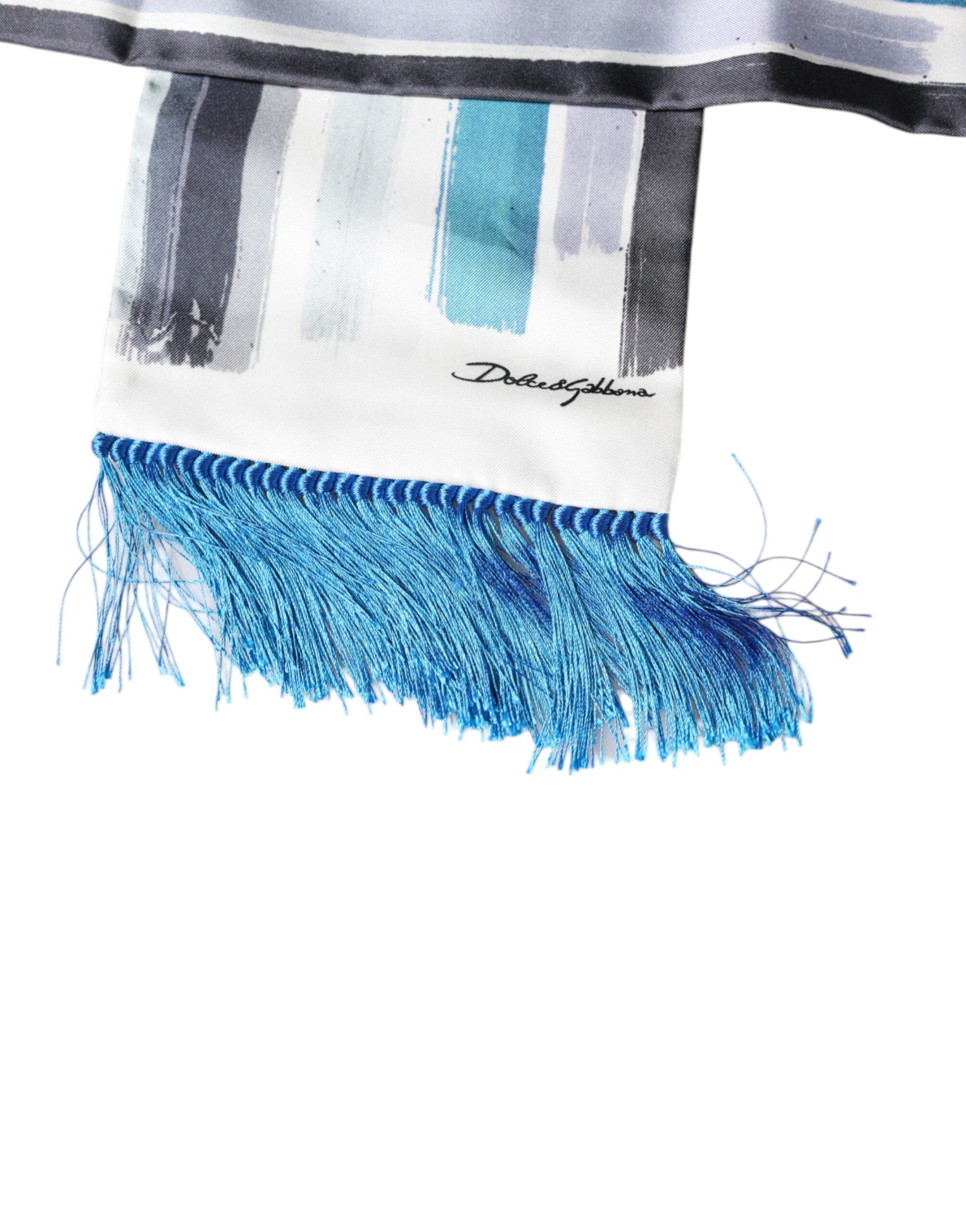 Dolce & Gabbana White Blue Stripes Silk Fringes Wrap Men's Scarf