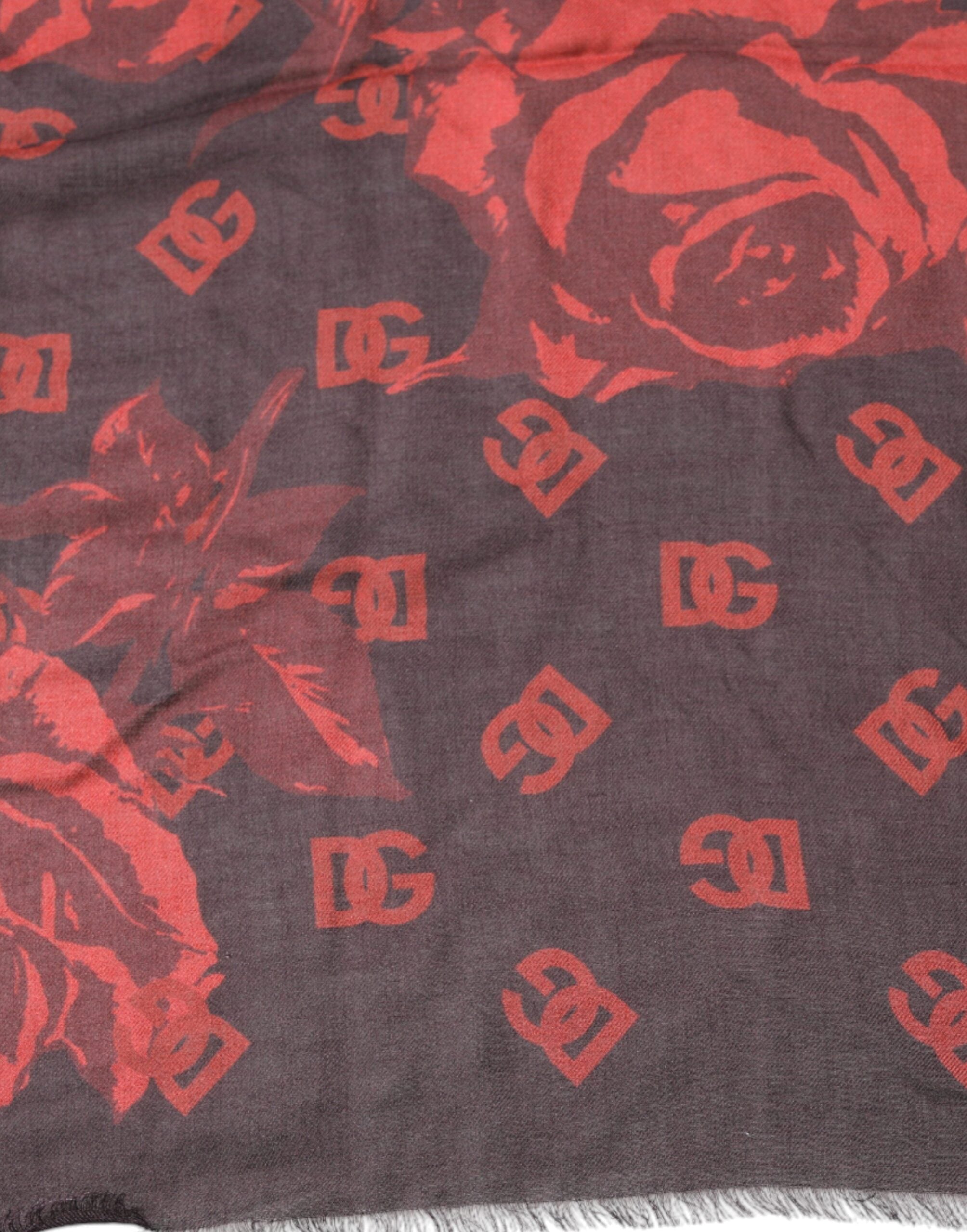 Dolce & Gabbana Black Red Floral Modal Wrap Shawl Women's Scarf