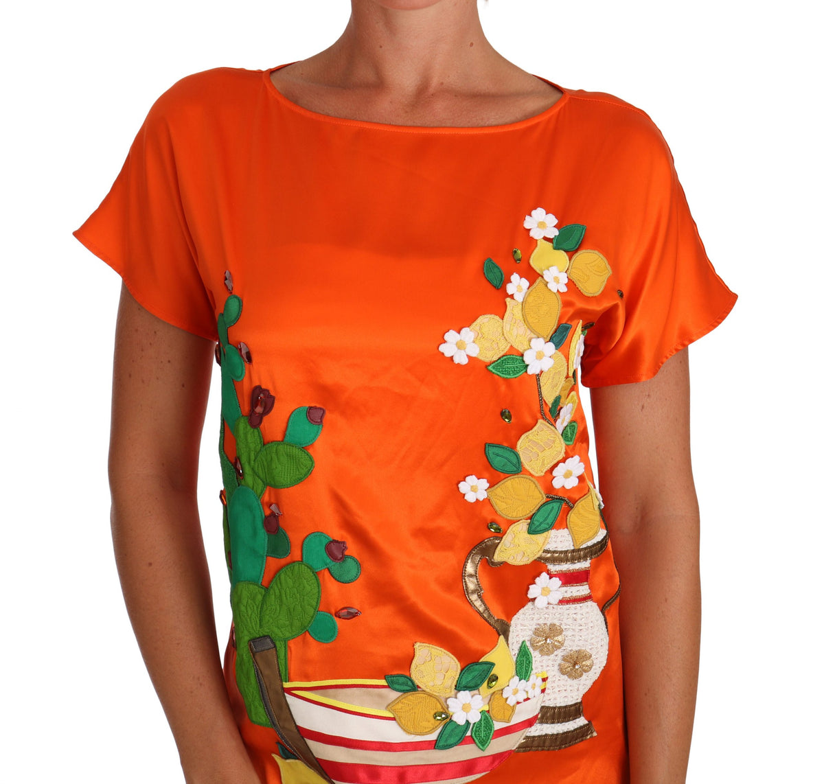 Dolce & Gabbana Silk Orange Lemon Crystal T-shirt Women's Top