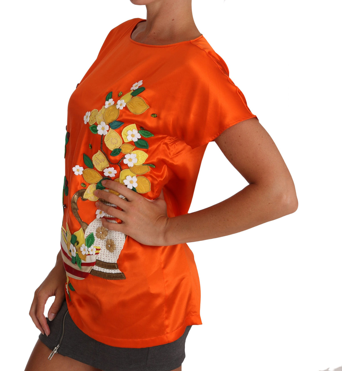 Dolce & Gabbana Silk Orange Lemon Crystal T-shirt Women's Top