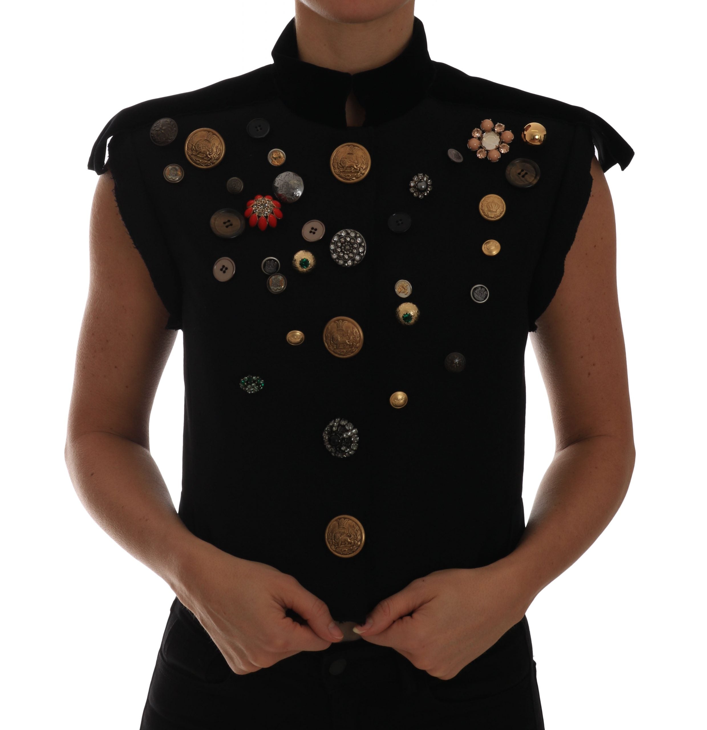 Dolce & Gabbana Black Embellished Floral Military Jacket Women's Vest