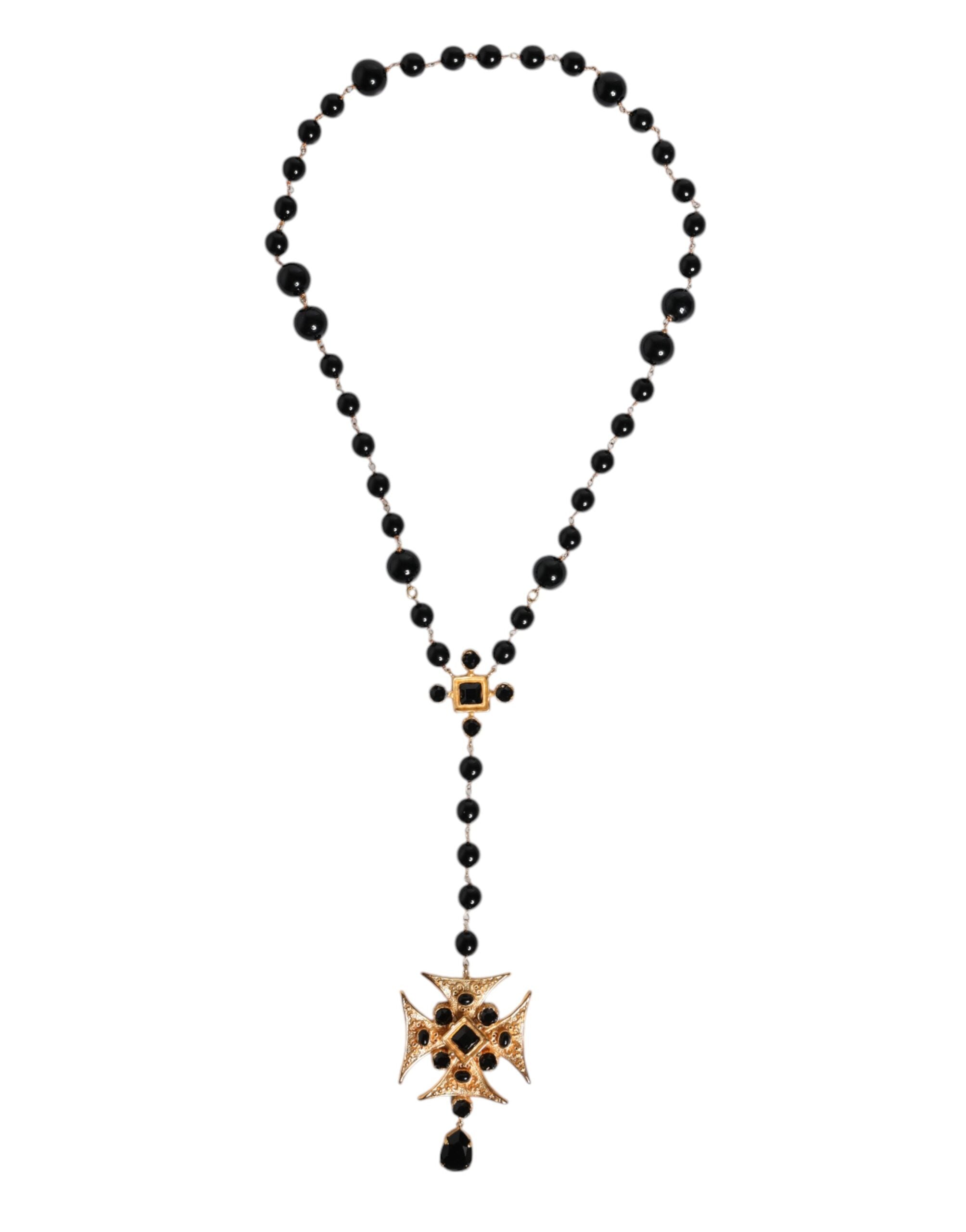 Dolce & Gabbana Gold Tone Brass Cross Black Beaded Chain Rosary Men's Necklace