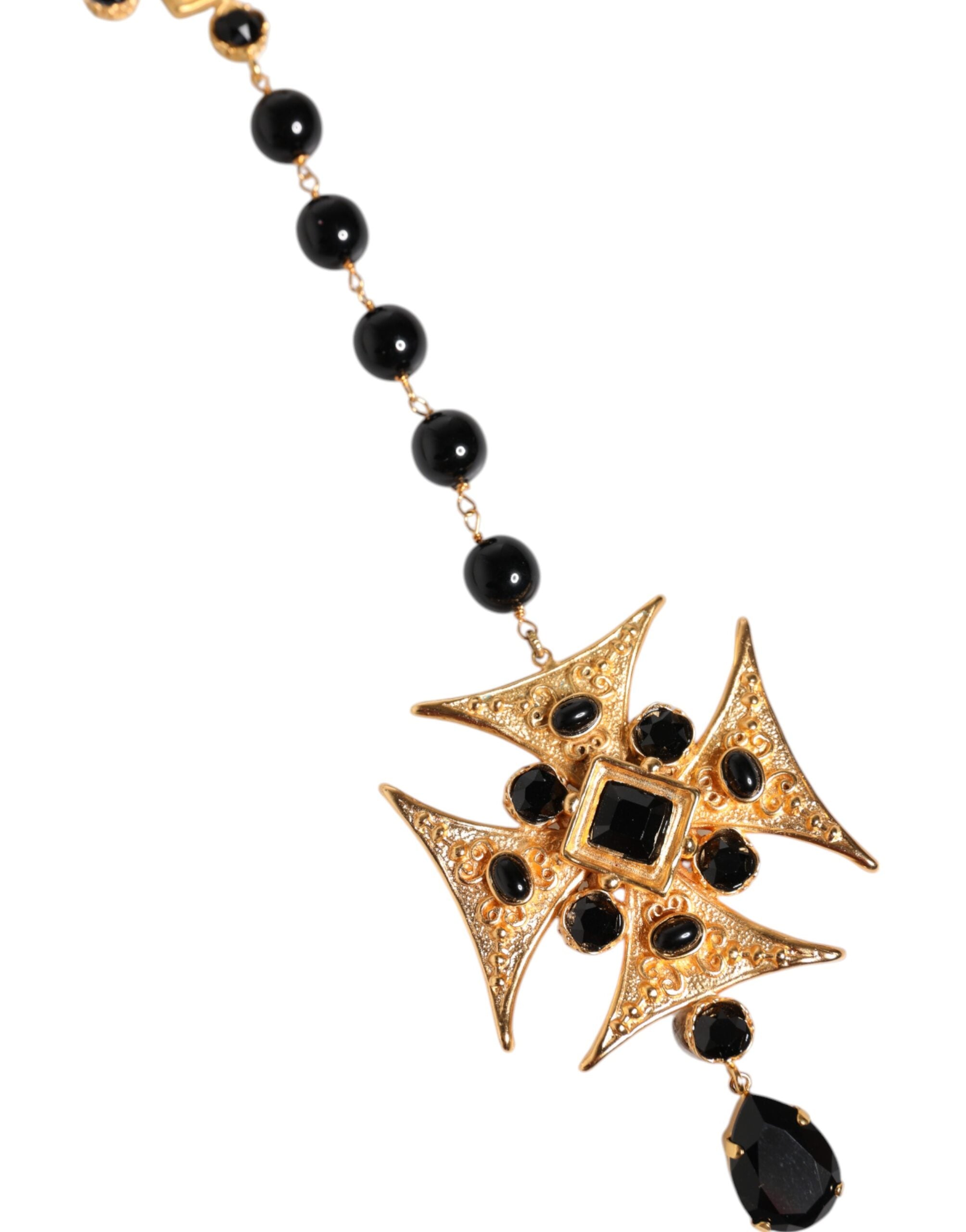 Dolce & Gabbana Gold Tone Brass Cross Black Beaded Chain Rosary Men's Necklace