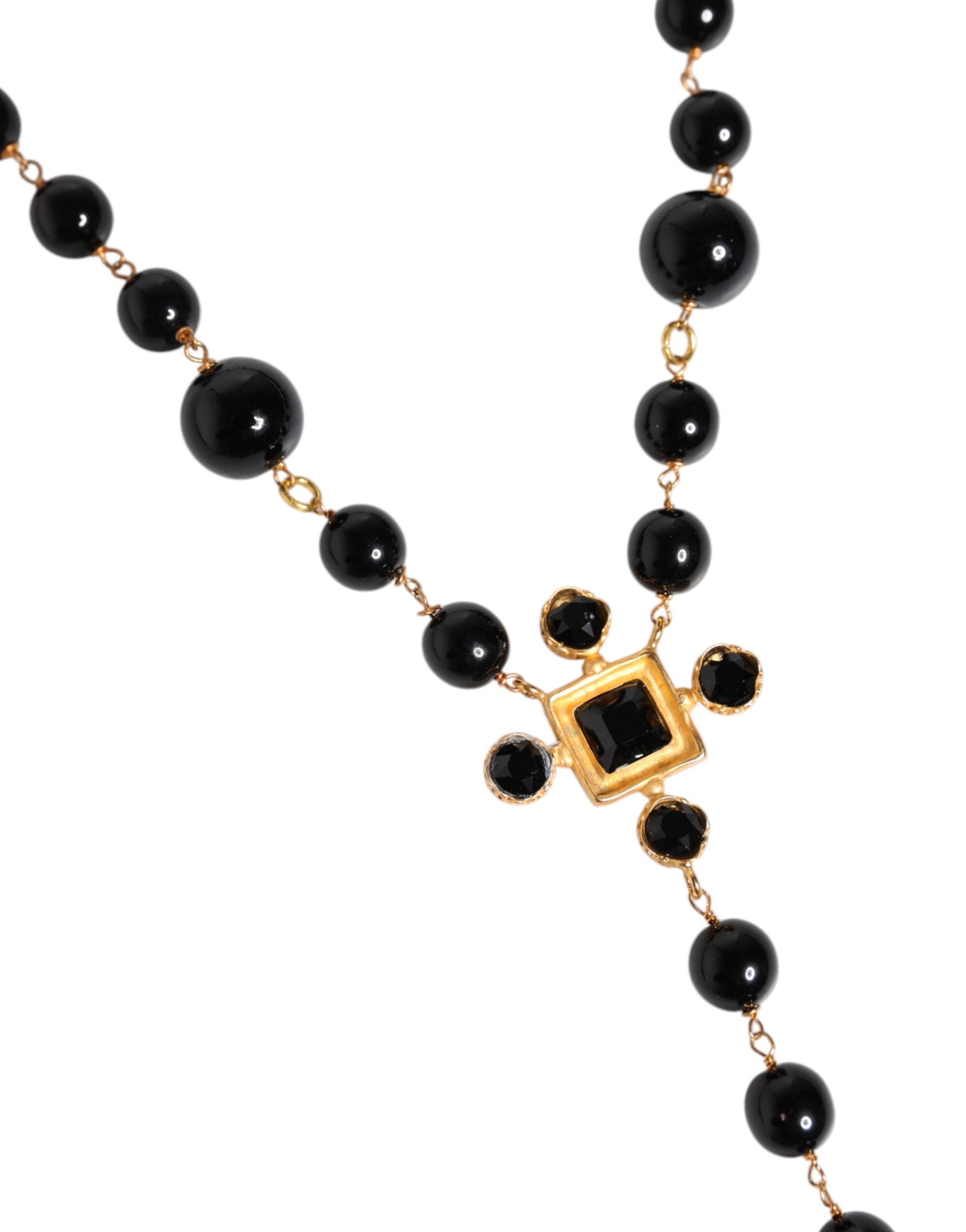 Dolce & Gabbana Gold Tone Brass Cross Black Beaded Chain Rosary Men's Necklace