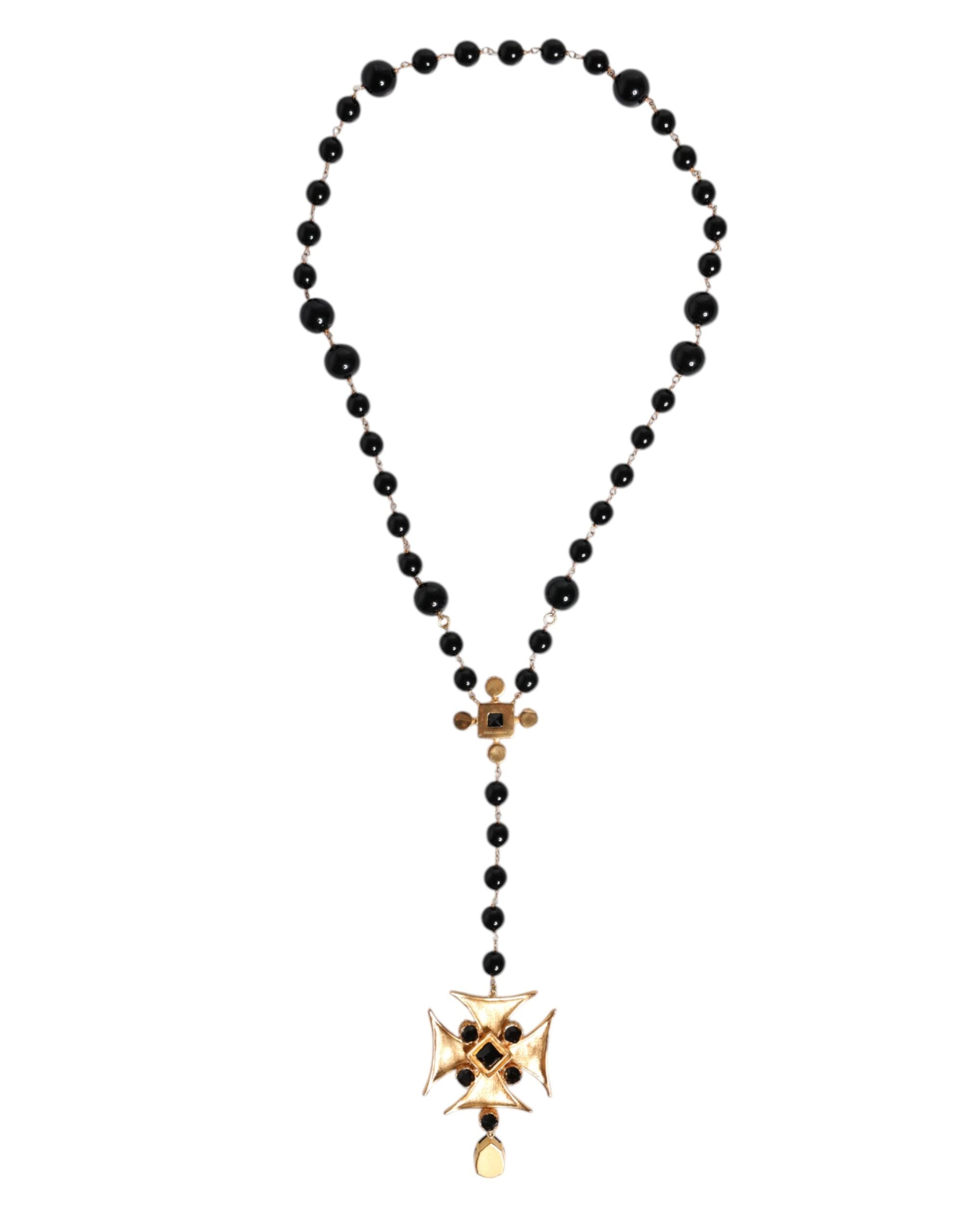 Dolce & Gabbana Gold Tone Brass Cross Black Beaded Chain Rosary Men's Necklace