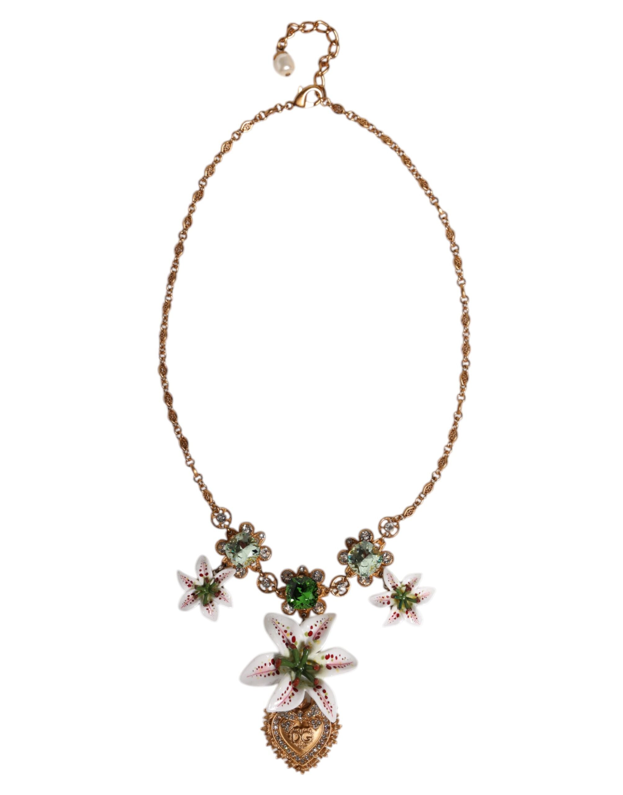 Dolce & Gabbana Gold Brass Lily Crystal Sacred Heart Pendant Women's Necklace