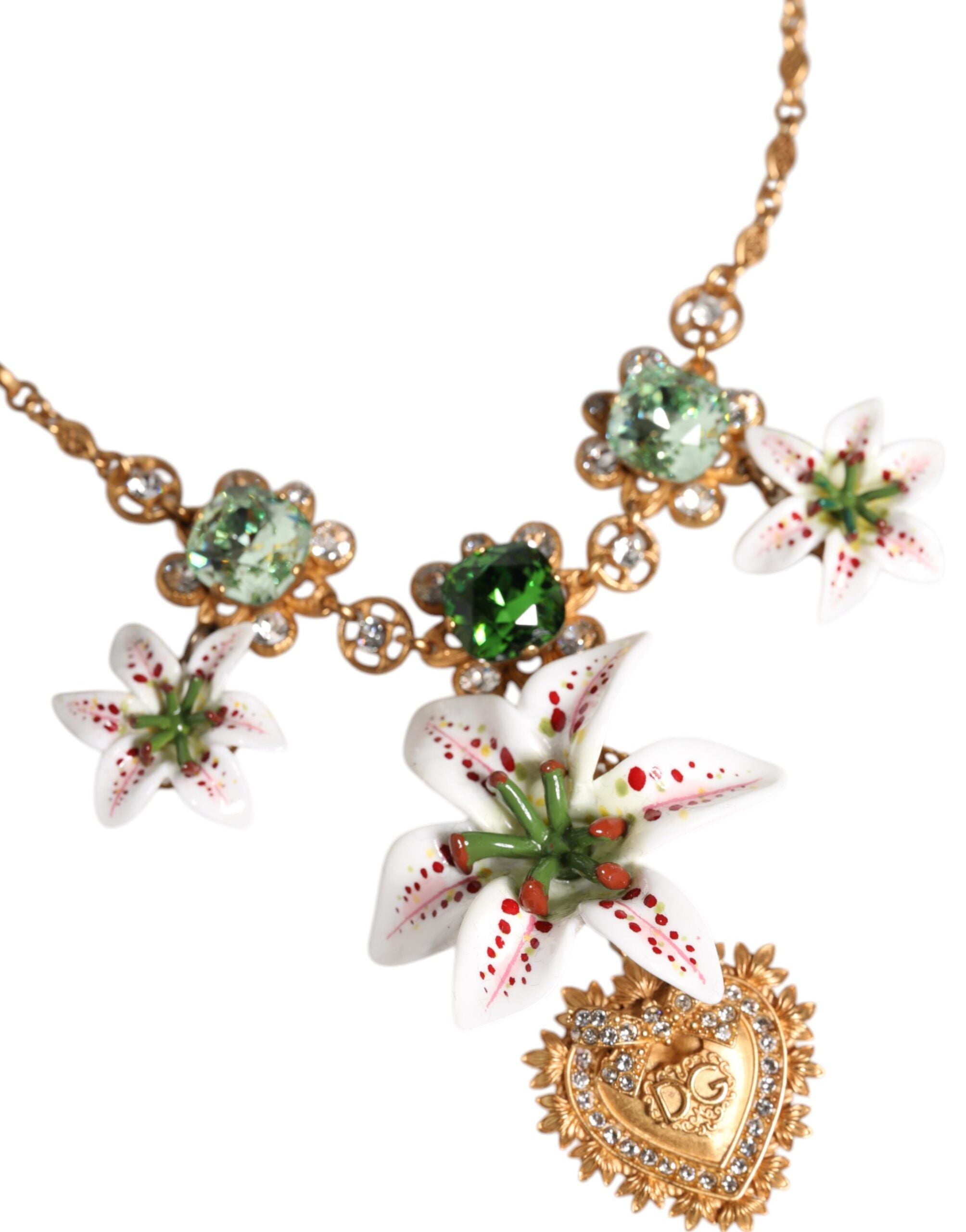 Dolce & Gabbana Gold Brass Lily Crystal Sacred Heart Pendant Women's Necklace