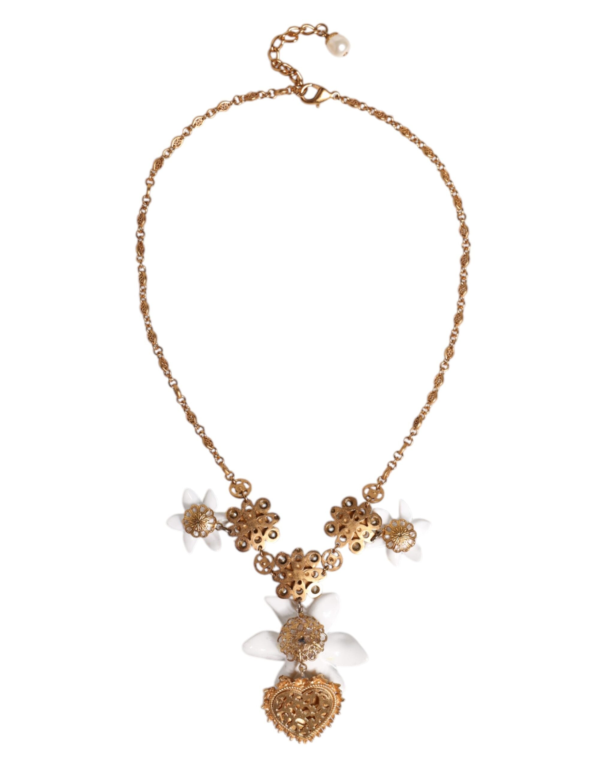 Dolce & Gabbana Gold Brass Lily Crystal Sacred Heart Pendant Women's Necklace