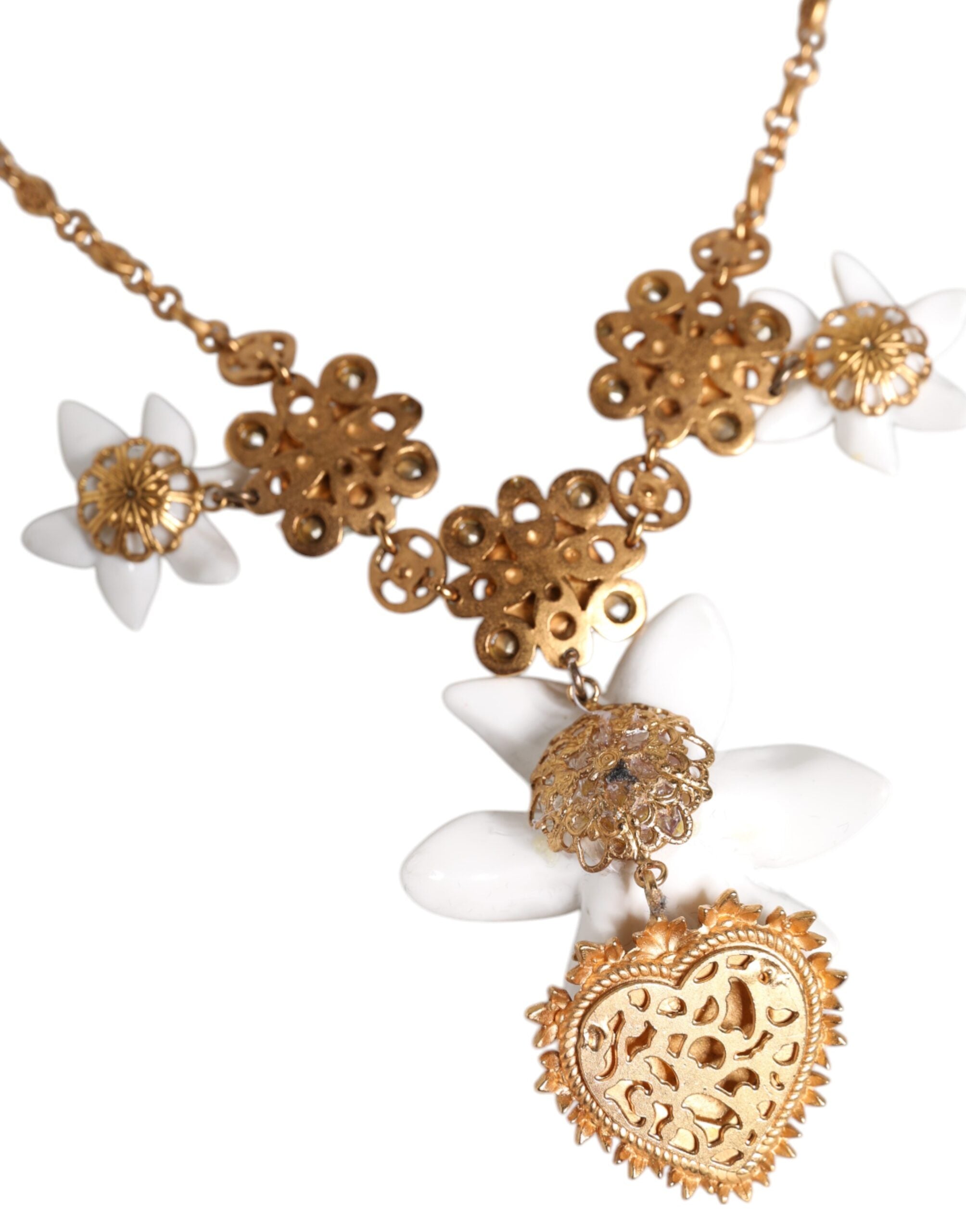 Dolce & Gabbana Gold Brass Lily Crystal Sacred Heart Pendant Women's Necklace