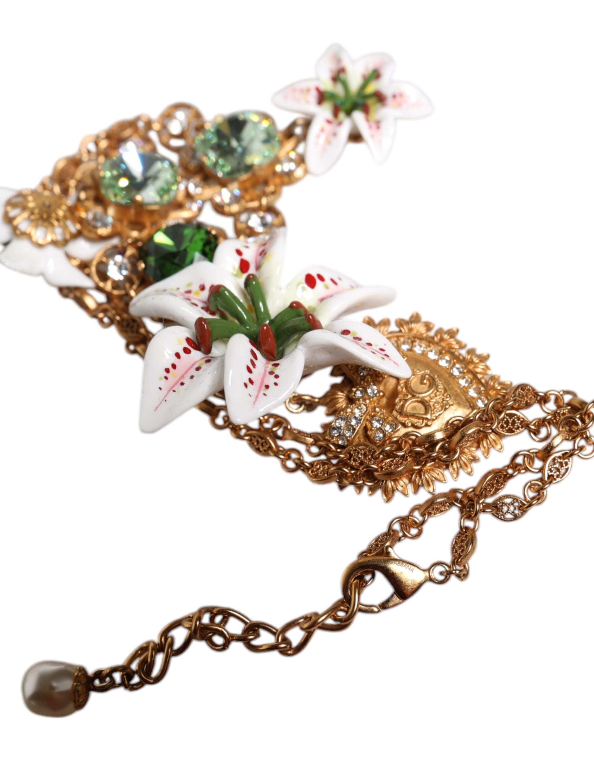 Dolce & Gabbana Gold Brass Lily Crystal Sacred Heart Pendant Women's Necklace