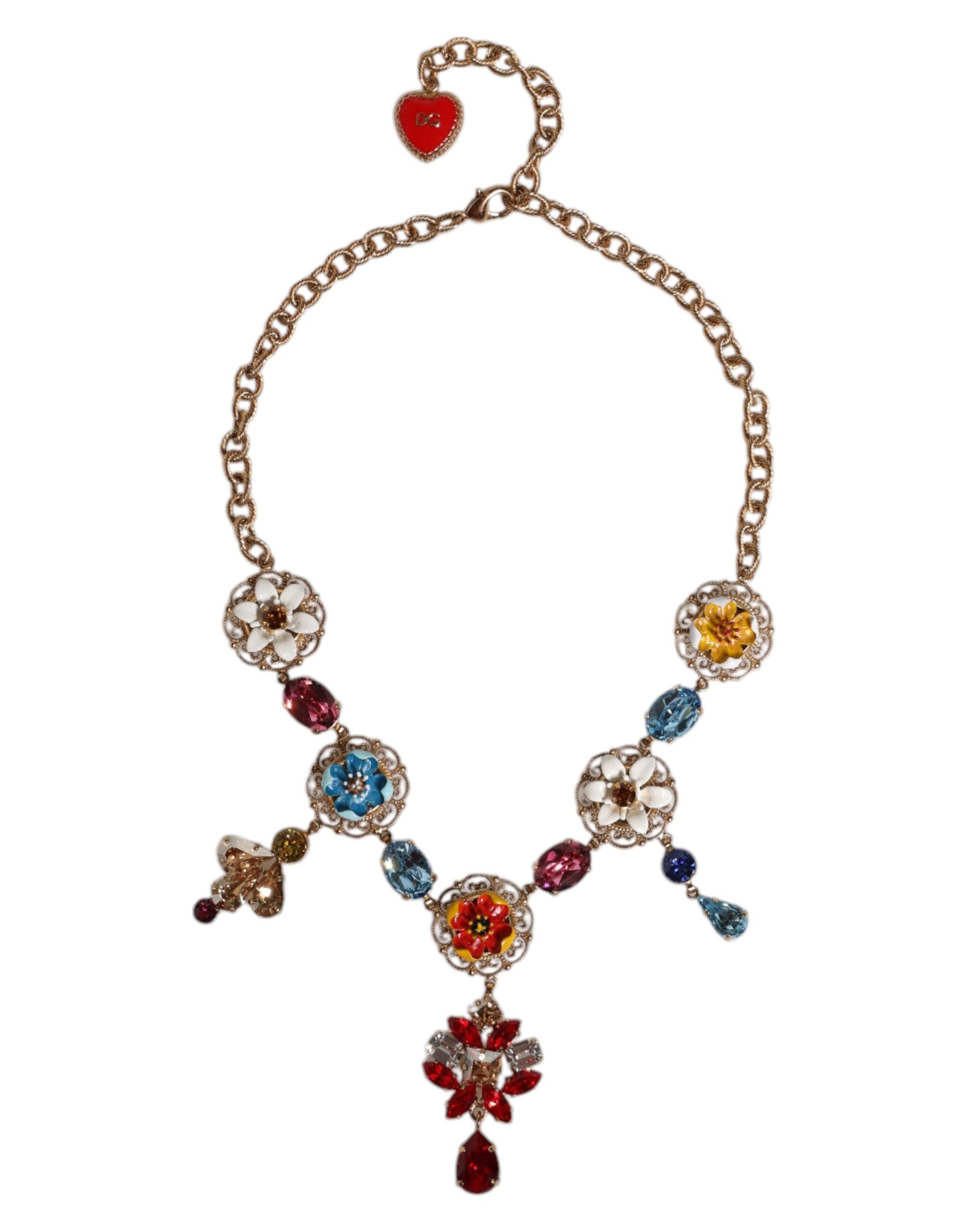 Dolce & Gabbana Gold Brass Chain Floral Sicily Charms Statement Women's Necklace