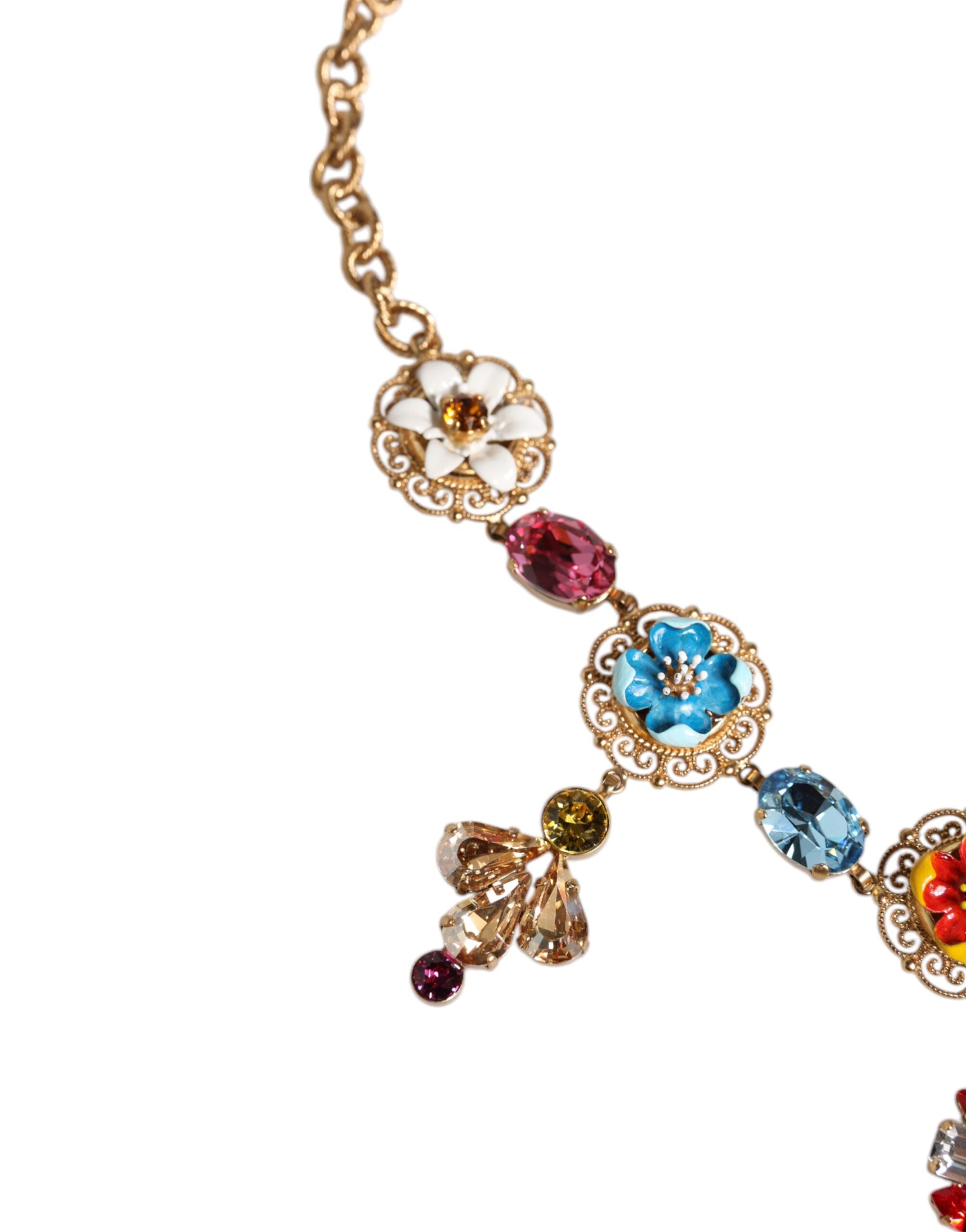 Dolce & Gabbana Gold Brass Chain Floral Sicily Charms Statement Women's Necklace