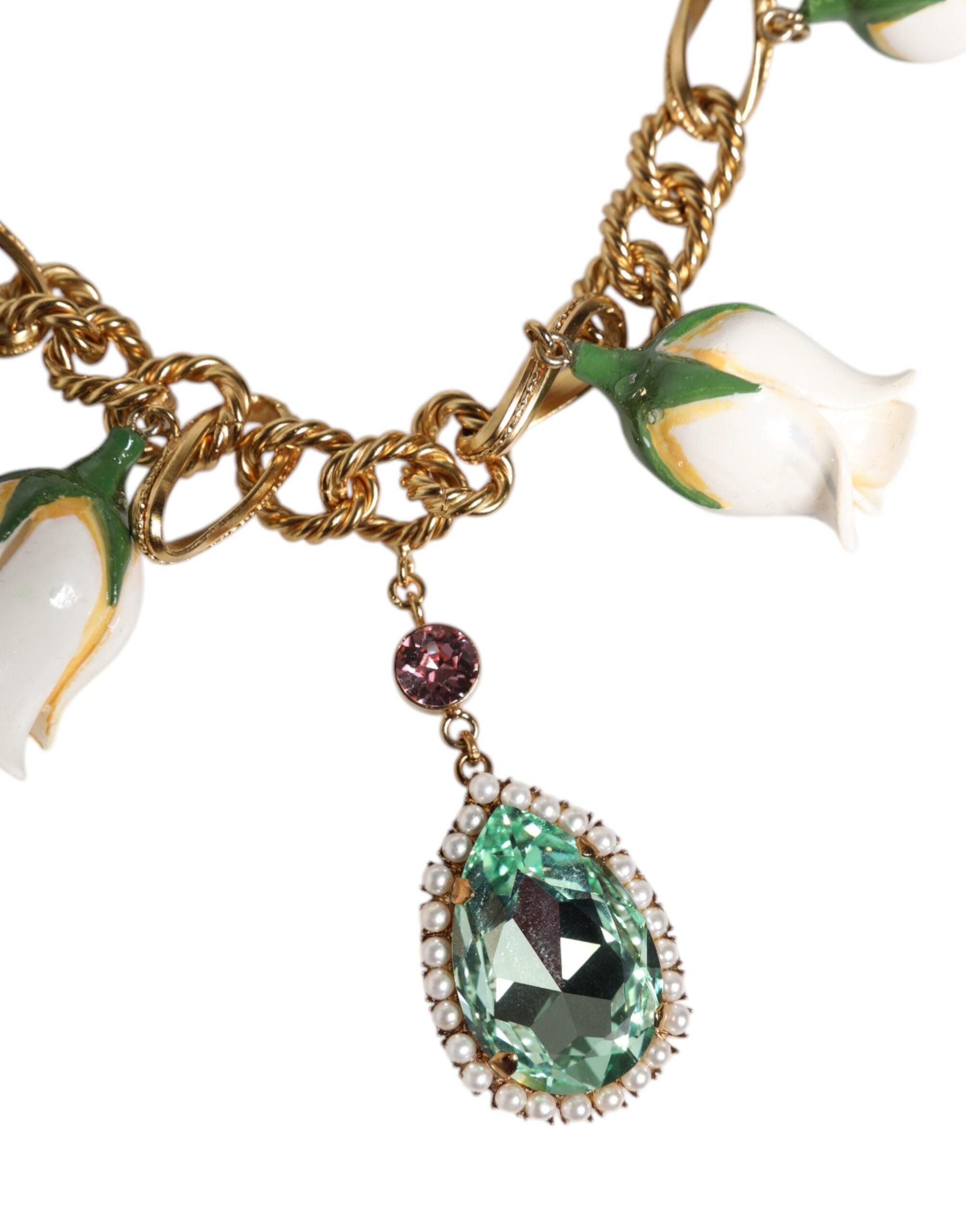 Dolce & Gabbana Gold Brass Short Chain Flower Crystal Pendant Women's Necklace