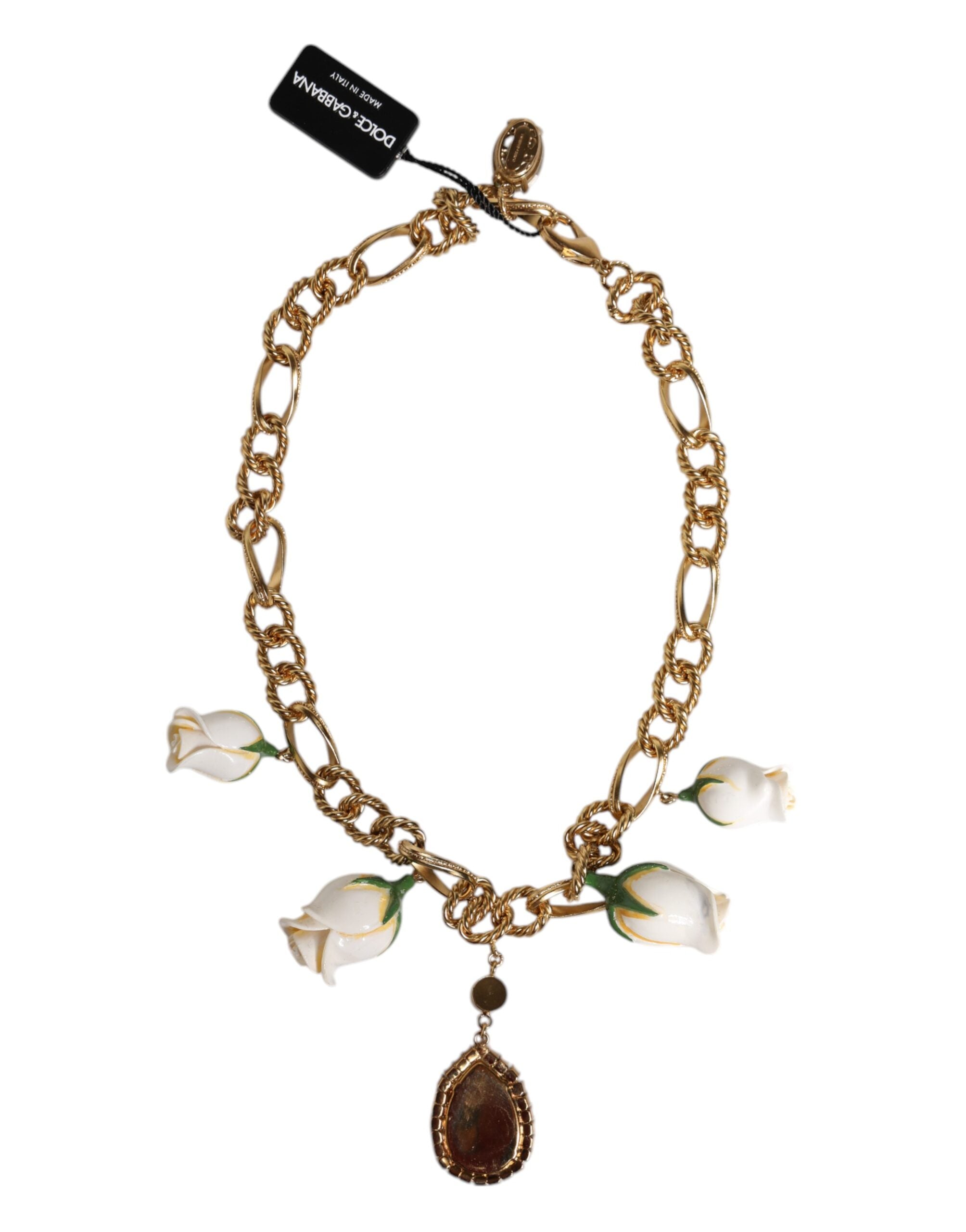 Dolce & Gabbana Gold Brass Short Chain Flower Crystal Pendant Women's Necklace