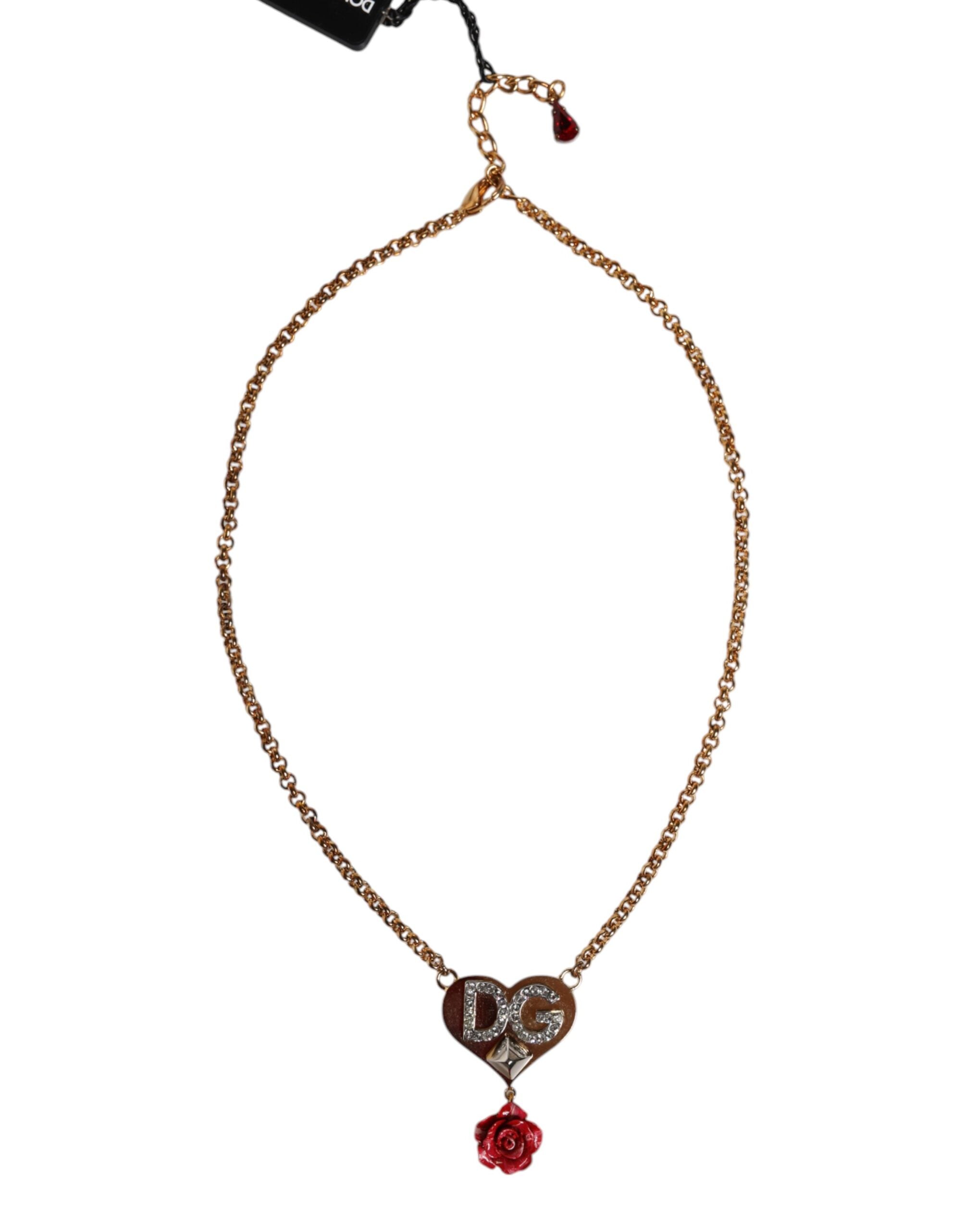 Dolce & Gabbana Gold Brass Cuore Heart Rose Crystal Embellished Women's Necklace