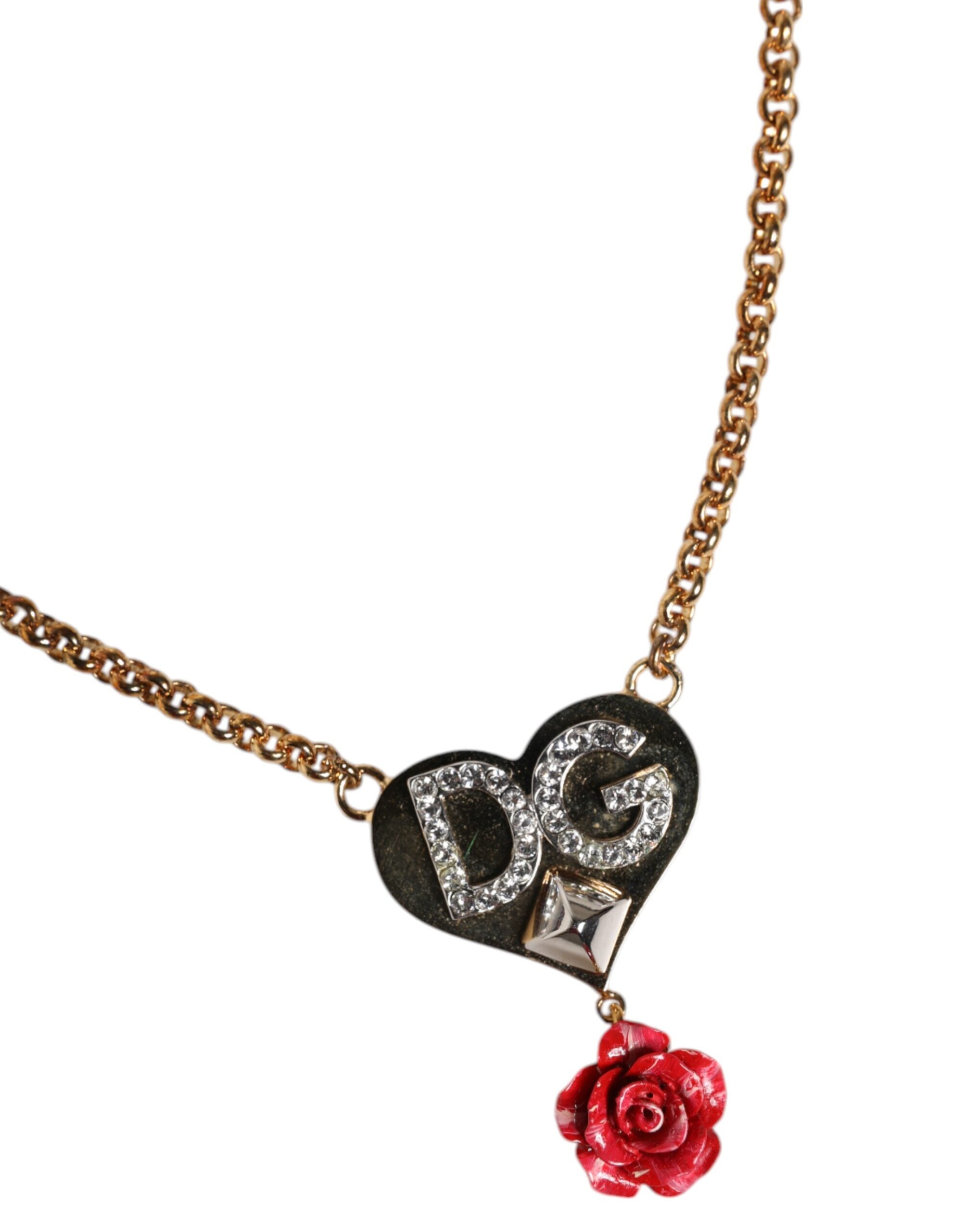 Dolce & Gabbana Gold Brass Cuore Heart Rose Crystal Embellished Women's Necklace