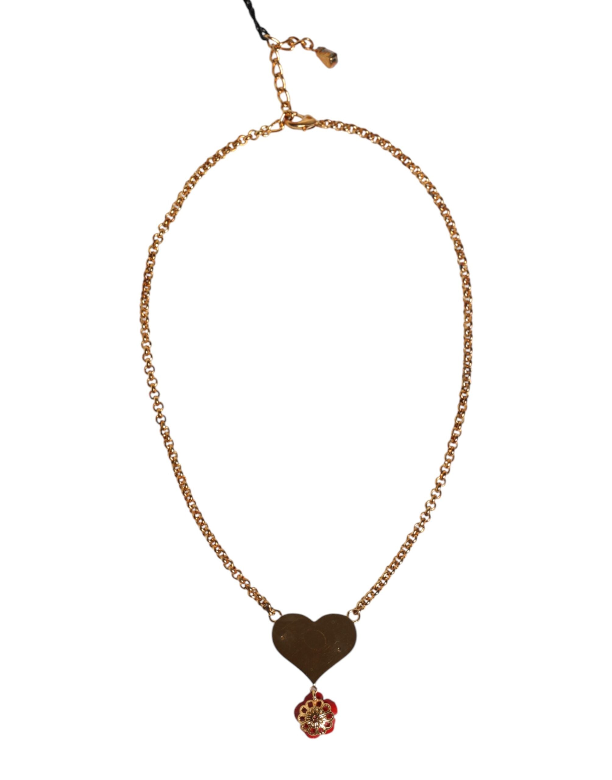 Dolce & Gabbana Gold Brass Cuore Heart Rose Crystal Embellished Women's Necklace