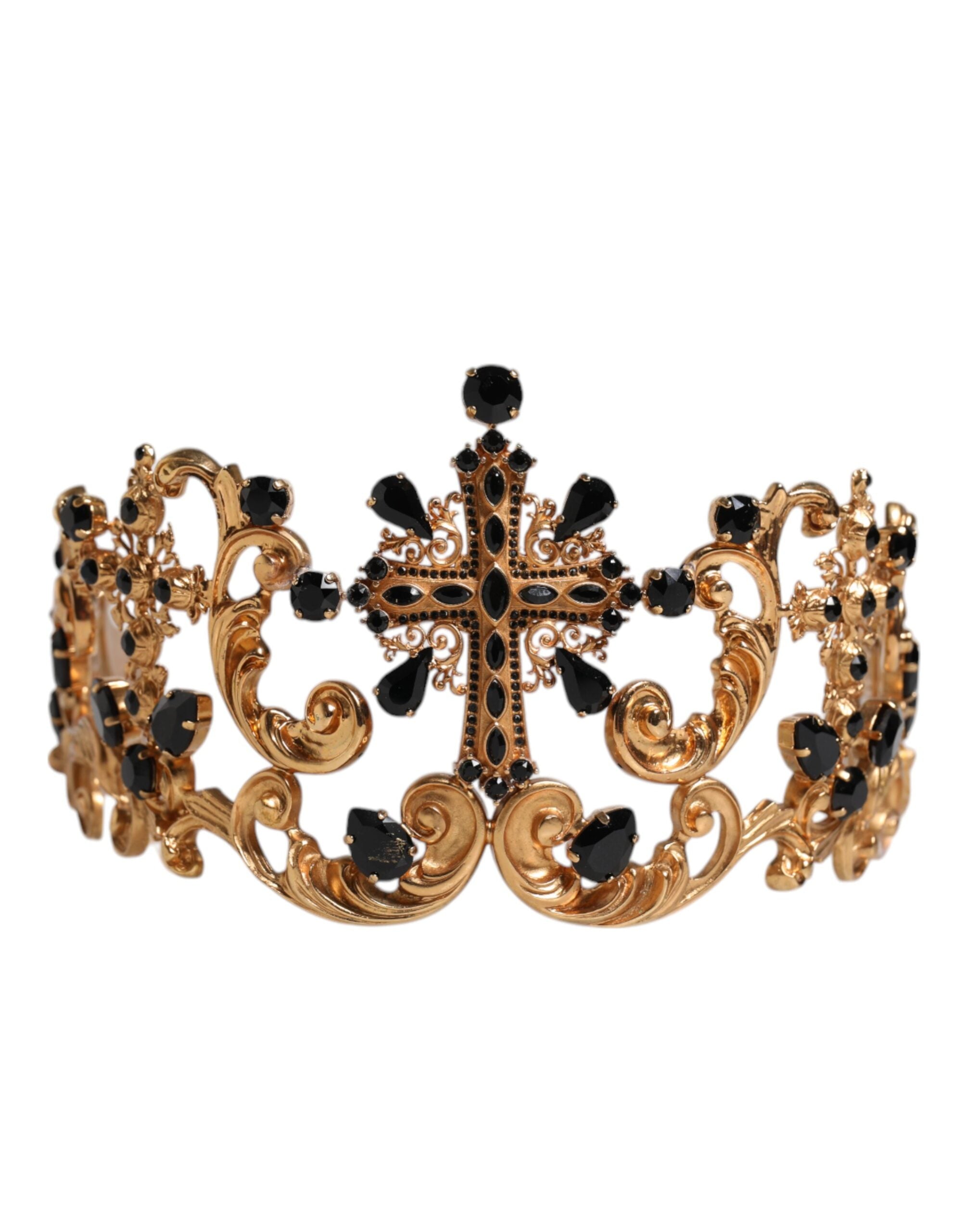 Dolce & Gabbana Gold Tone Brass Cross Crystal Embellished Crown Women's Tiara