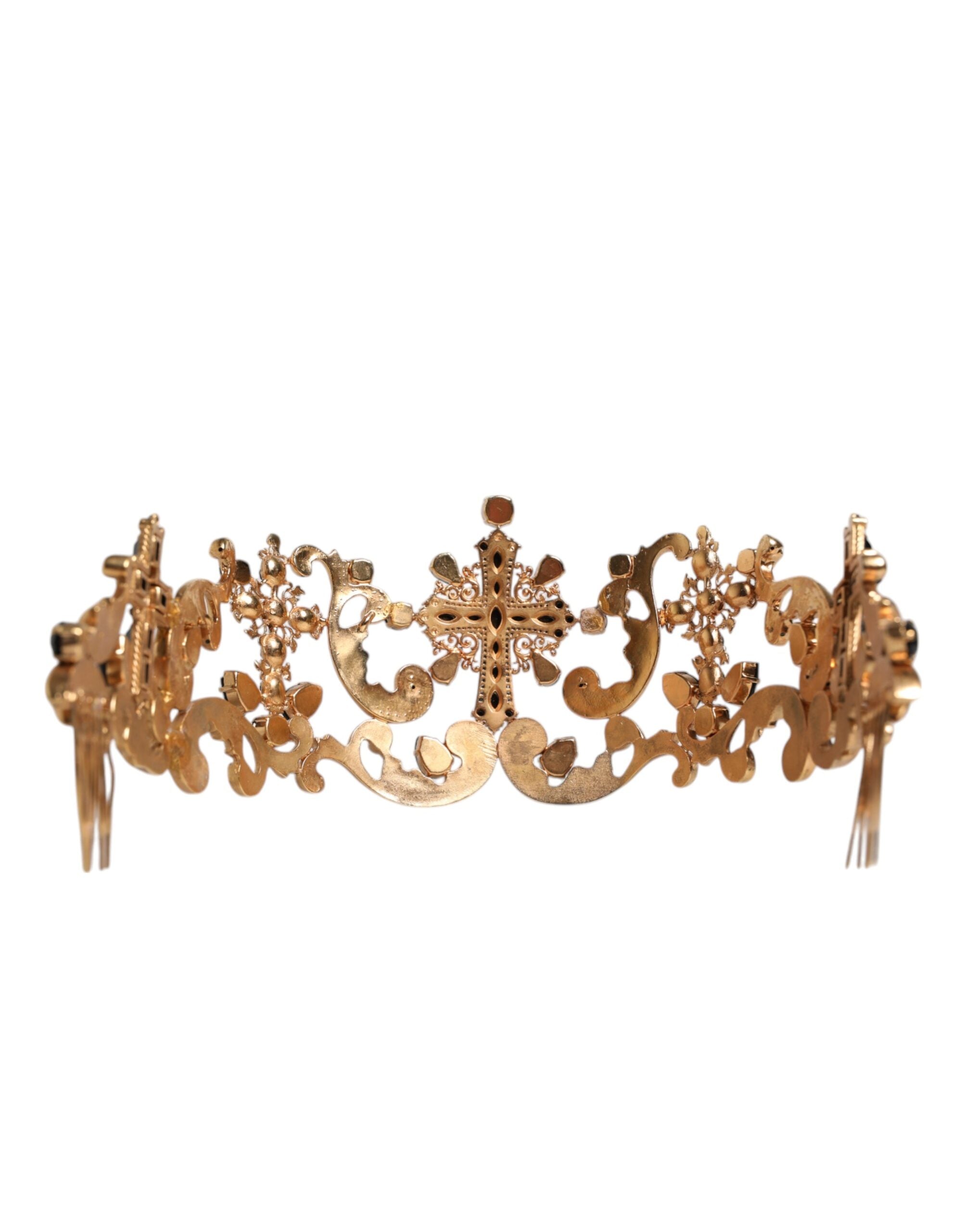 Dolce & Gabbana Gold Tone Brass Cross Crystal Embellished Crown Women's Tiara