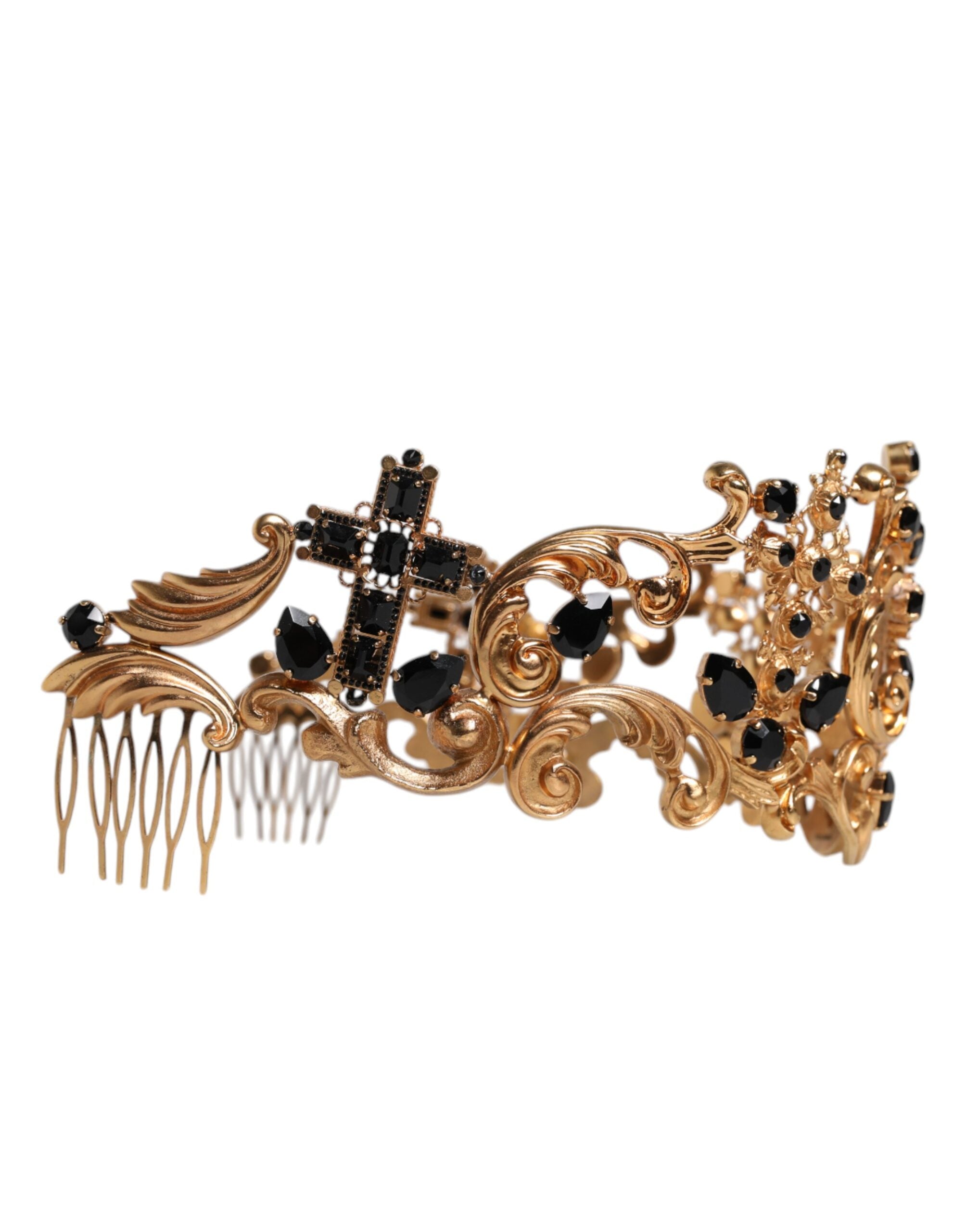 Dolce & Gabbana Gold Tone Brass Cross Crystal Embellished Crown Women's Tiara
