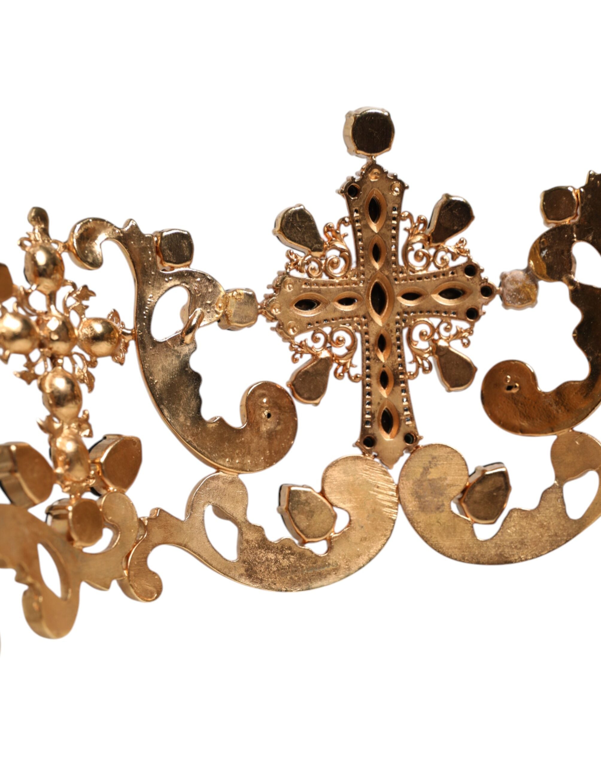 Dolce & Gabbana Gold Tone Brass Cross Crystal Embellished Crown Women's Tiara