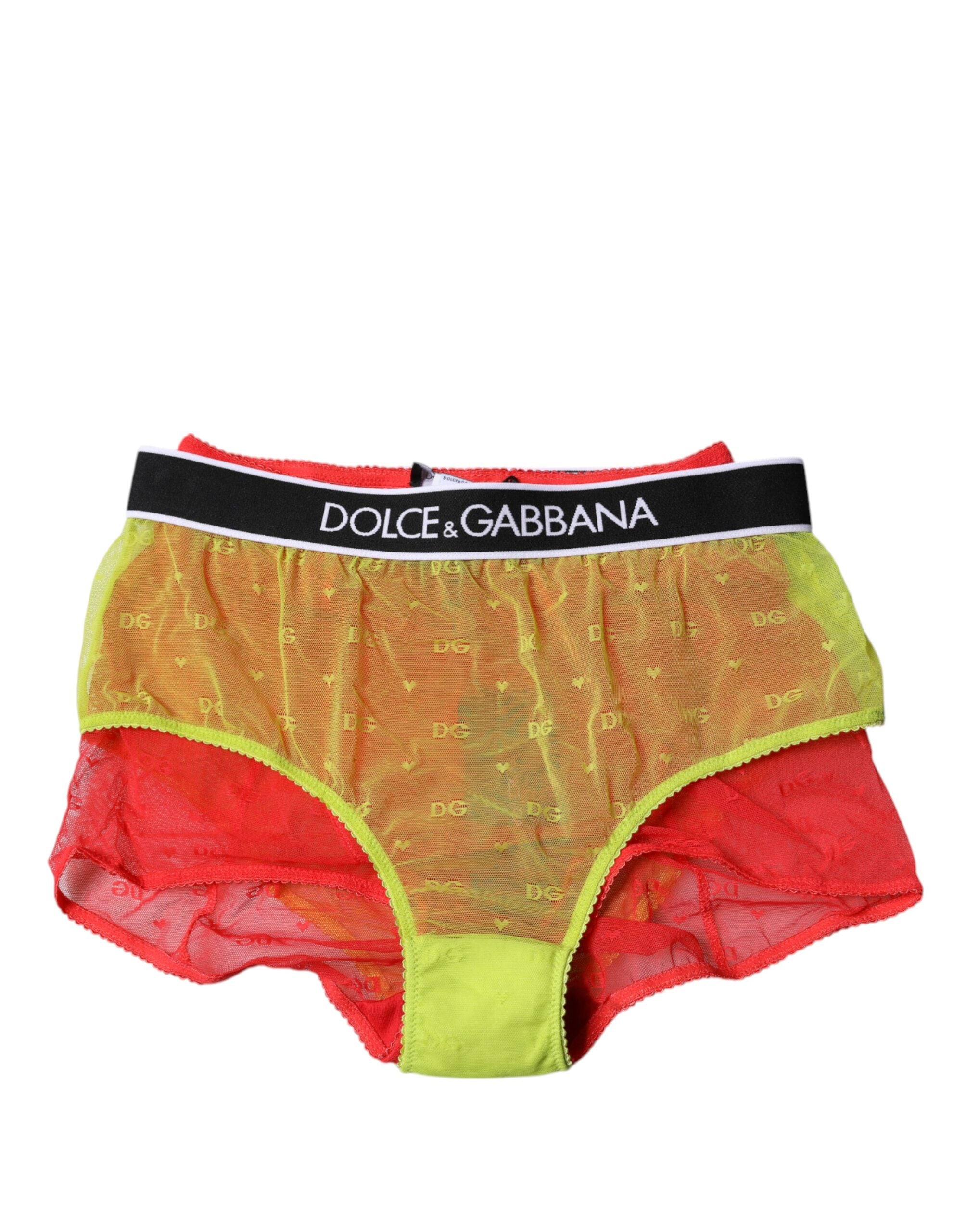 Dolce & Gabbana Red Yellow Tulle Mid Waist Panty Women's Underwear