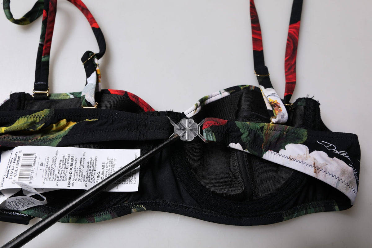 Dolce & Gabbana Black Floral Print Nylon Balconcino Bra Women's Underwear (Pre-Owned)