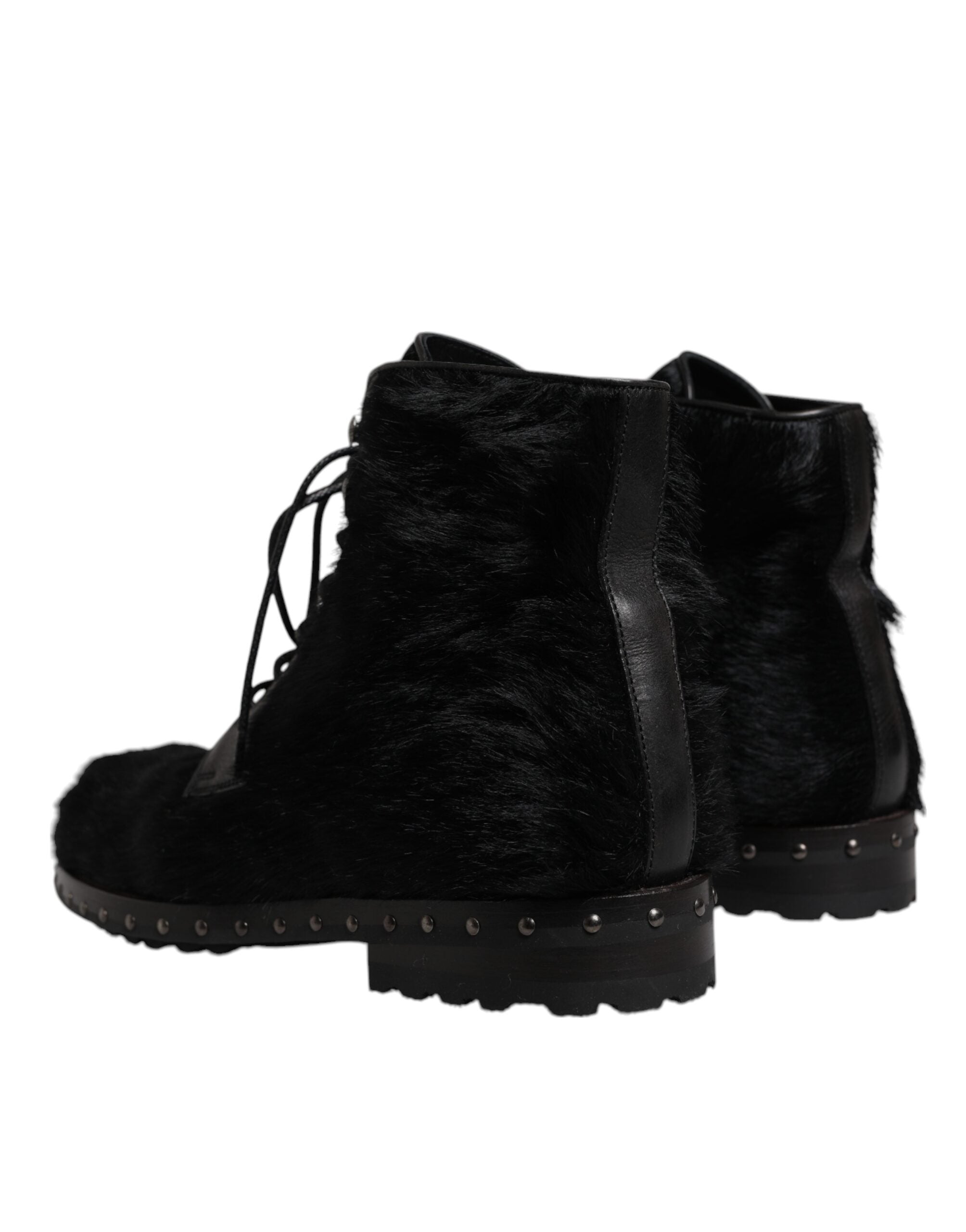Dolce & Gabbana Black Pony Style Leather Mid Calf Boots Men's Shoes