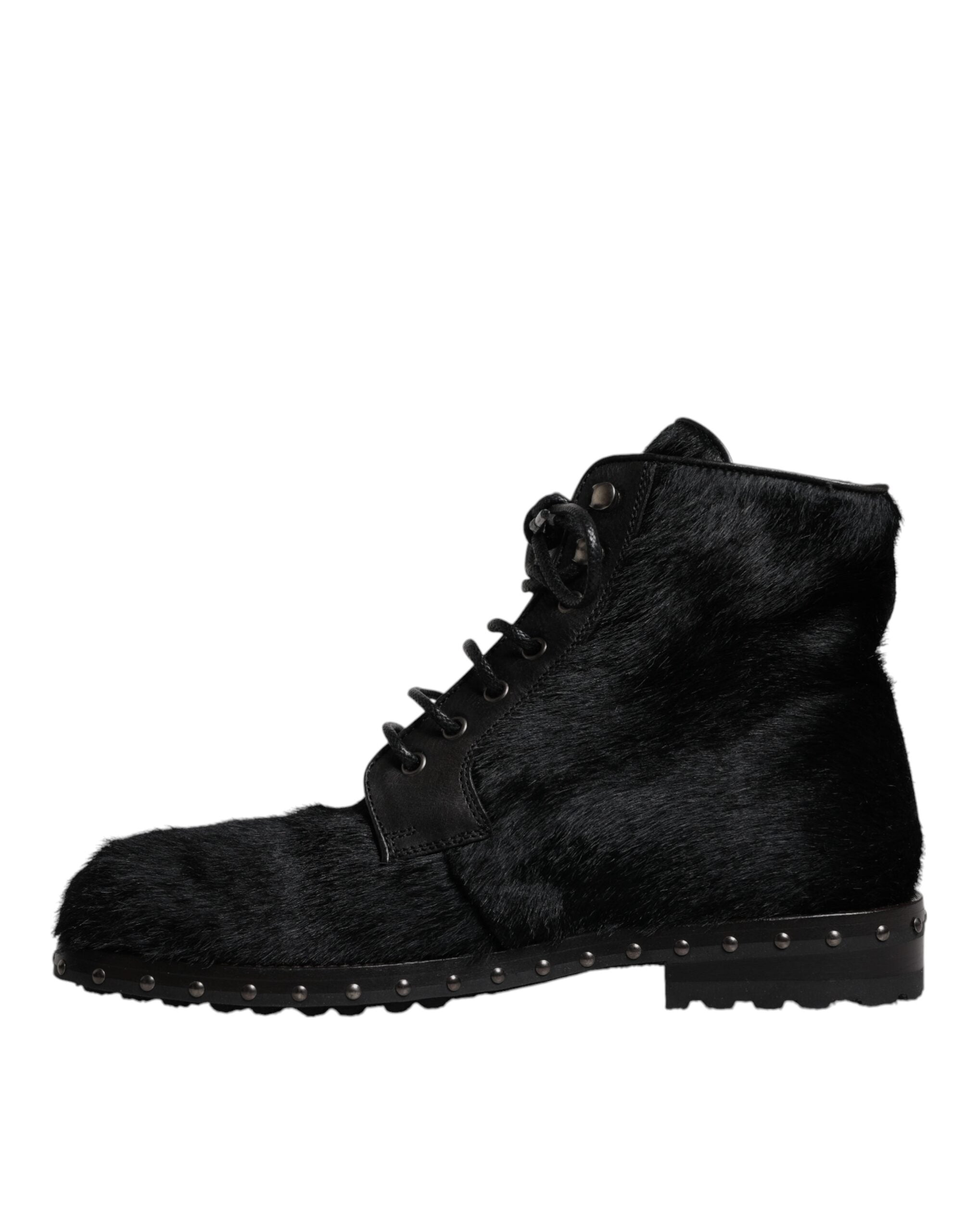 Dolce & Gabbana Black Pony Style Leather Mid Calf Boots Men's Shoes