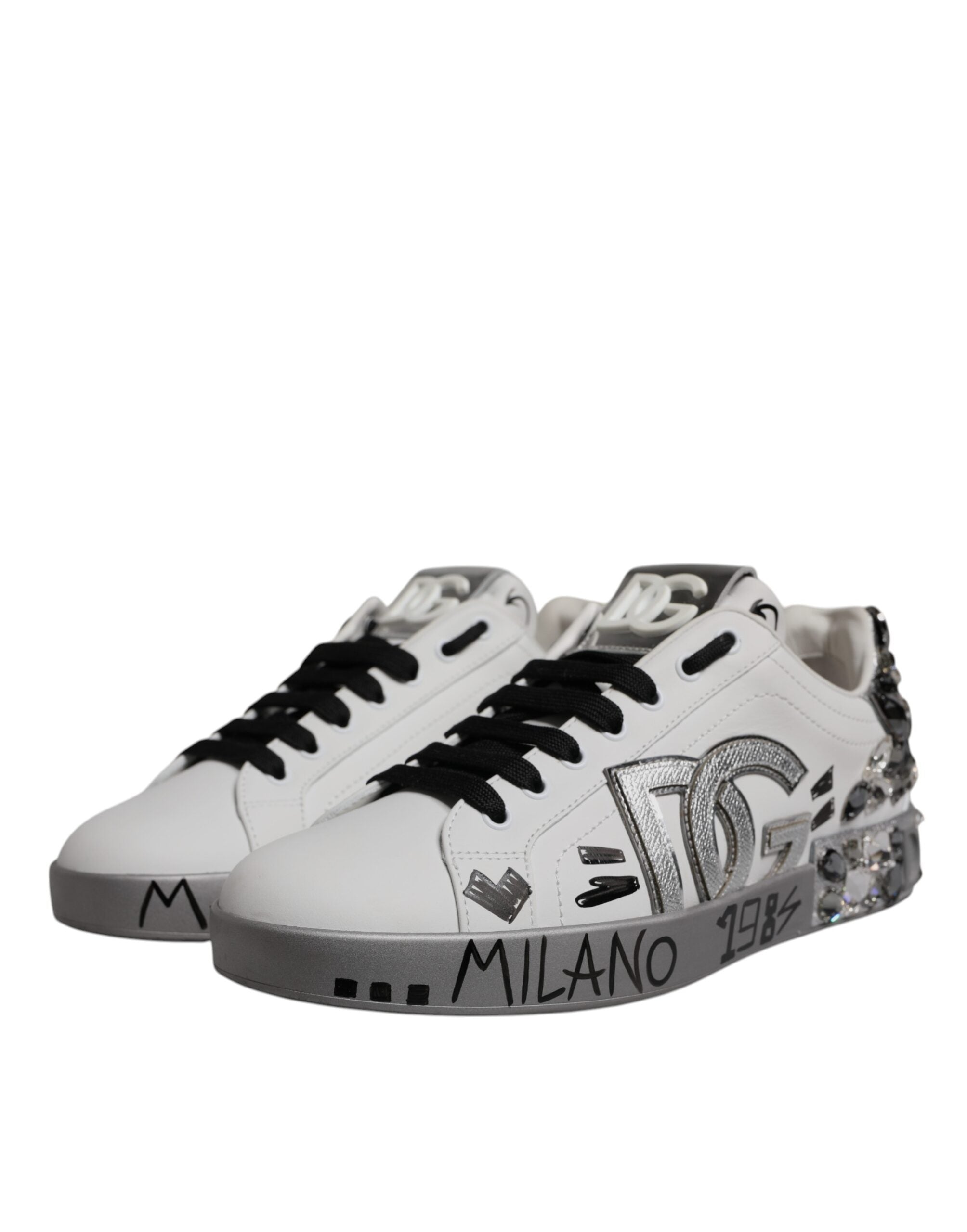 Dolce & Gabbana White Silver Crystal Logo Portofino Sneakers Men's Shoes (Pre-Owned)