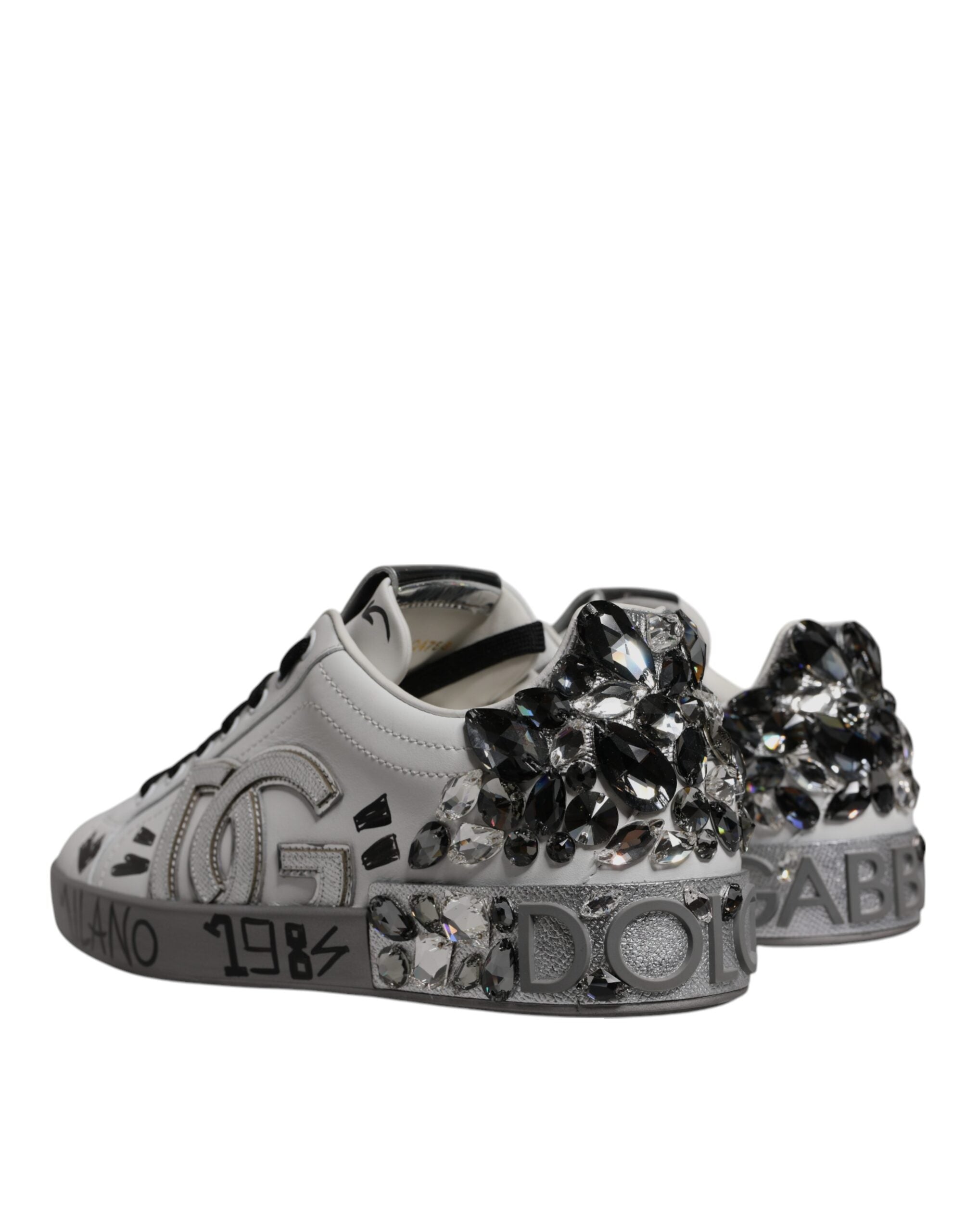 Dolce & Gabbana White Silver Crystal Logo Portofino Sneakers Men's Shoes (Pre-Owned)