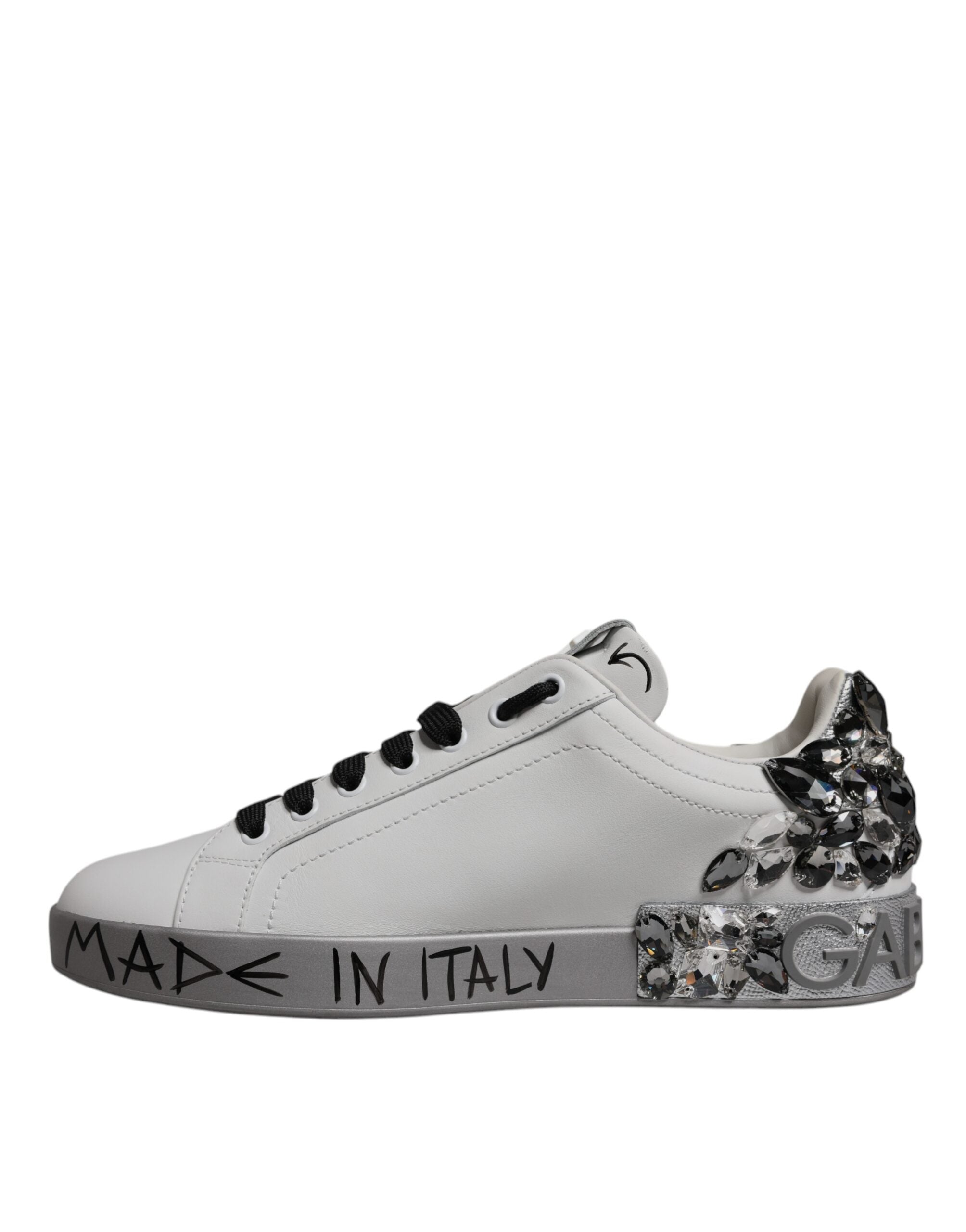 Dolce & Gabbana White Silver Crystal Logo Portofino Sneakers Men's Shoes (Pre-Owned)