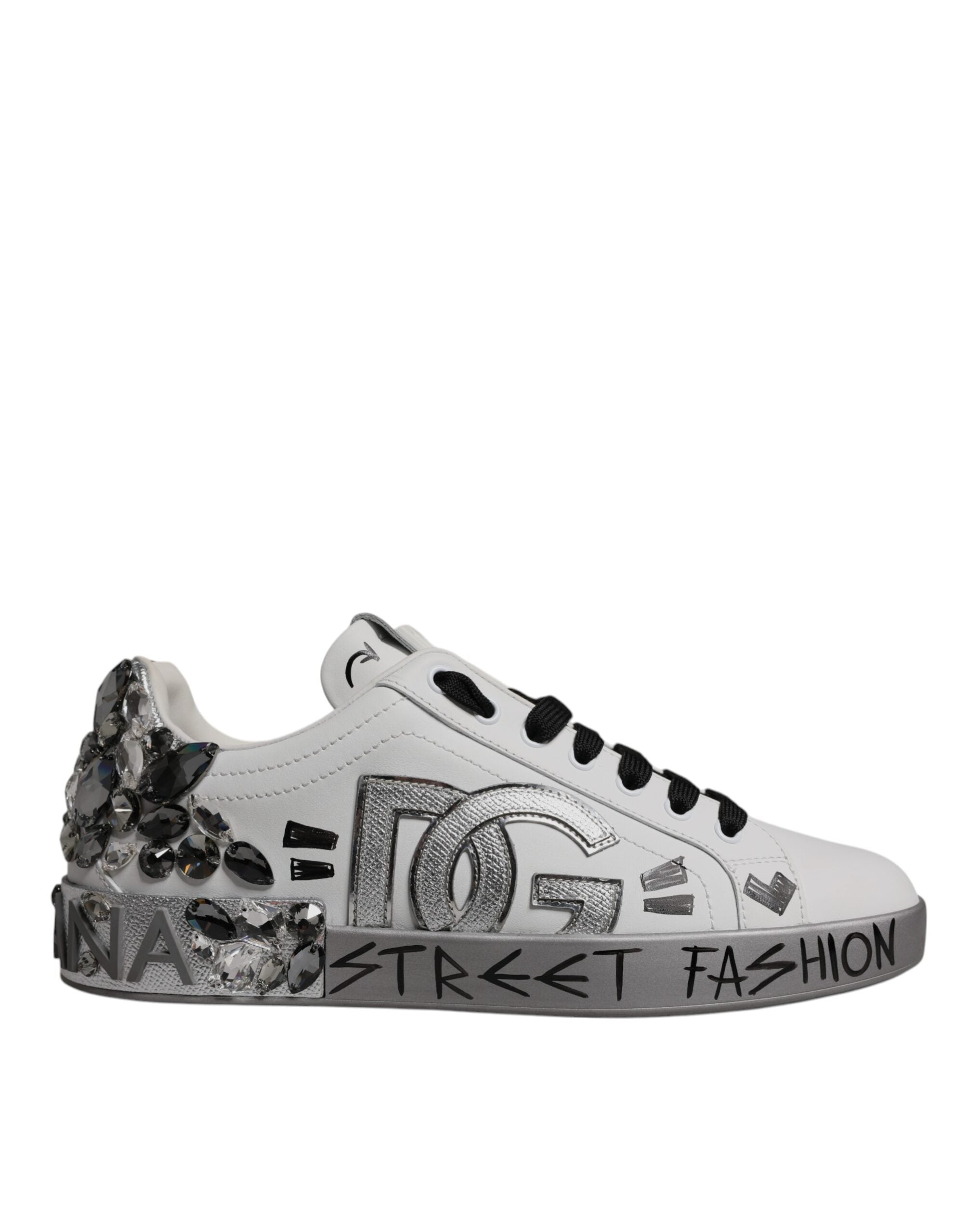 Dolce & Gabbana White Silver Crystal Logo Portofino Sneakers Men's Shoes (Pre-Owned)
