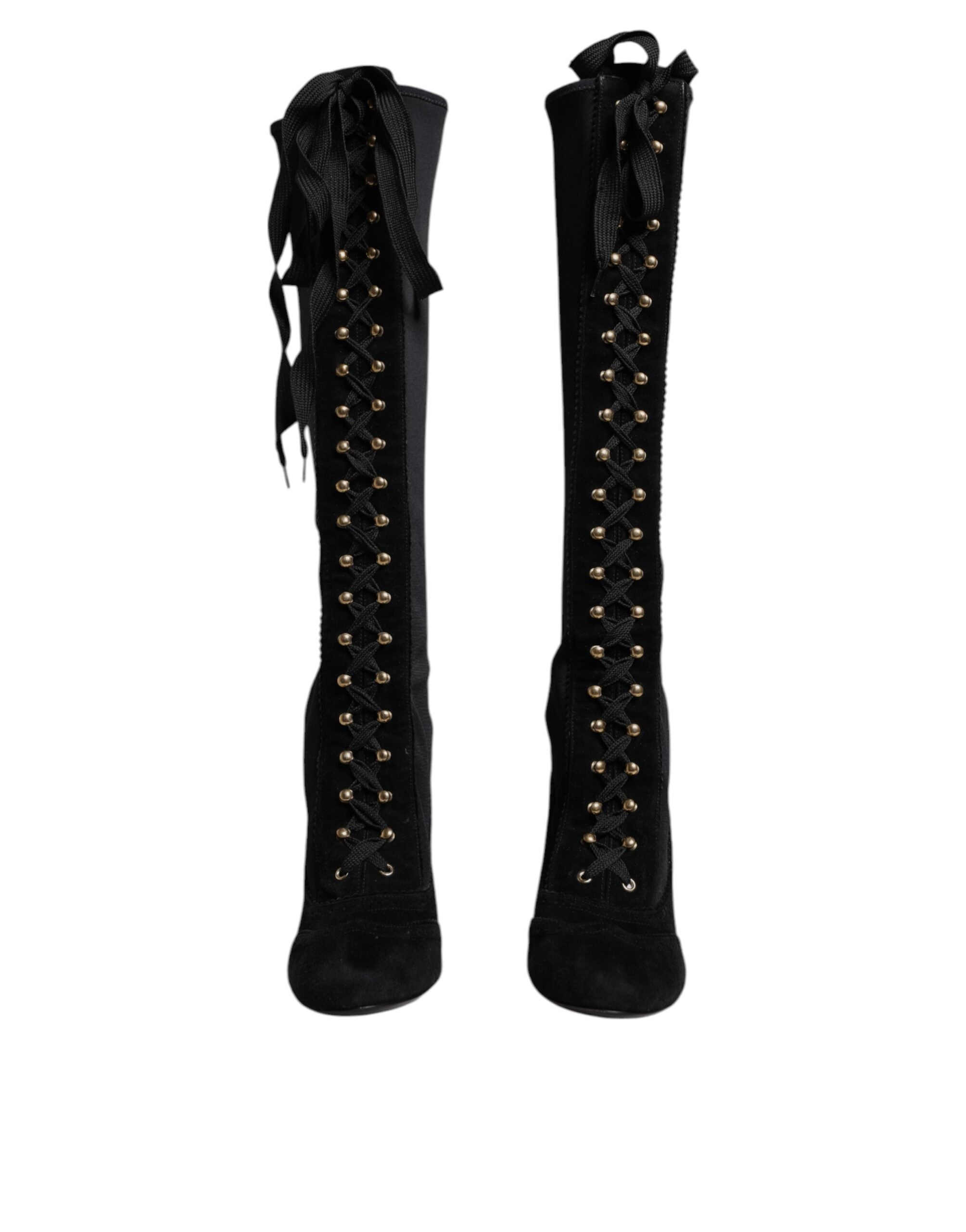 Dolce & Gabbana Black Lace Up Heels High Boots Women's Shoes