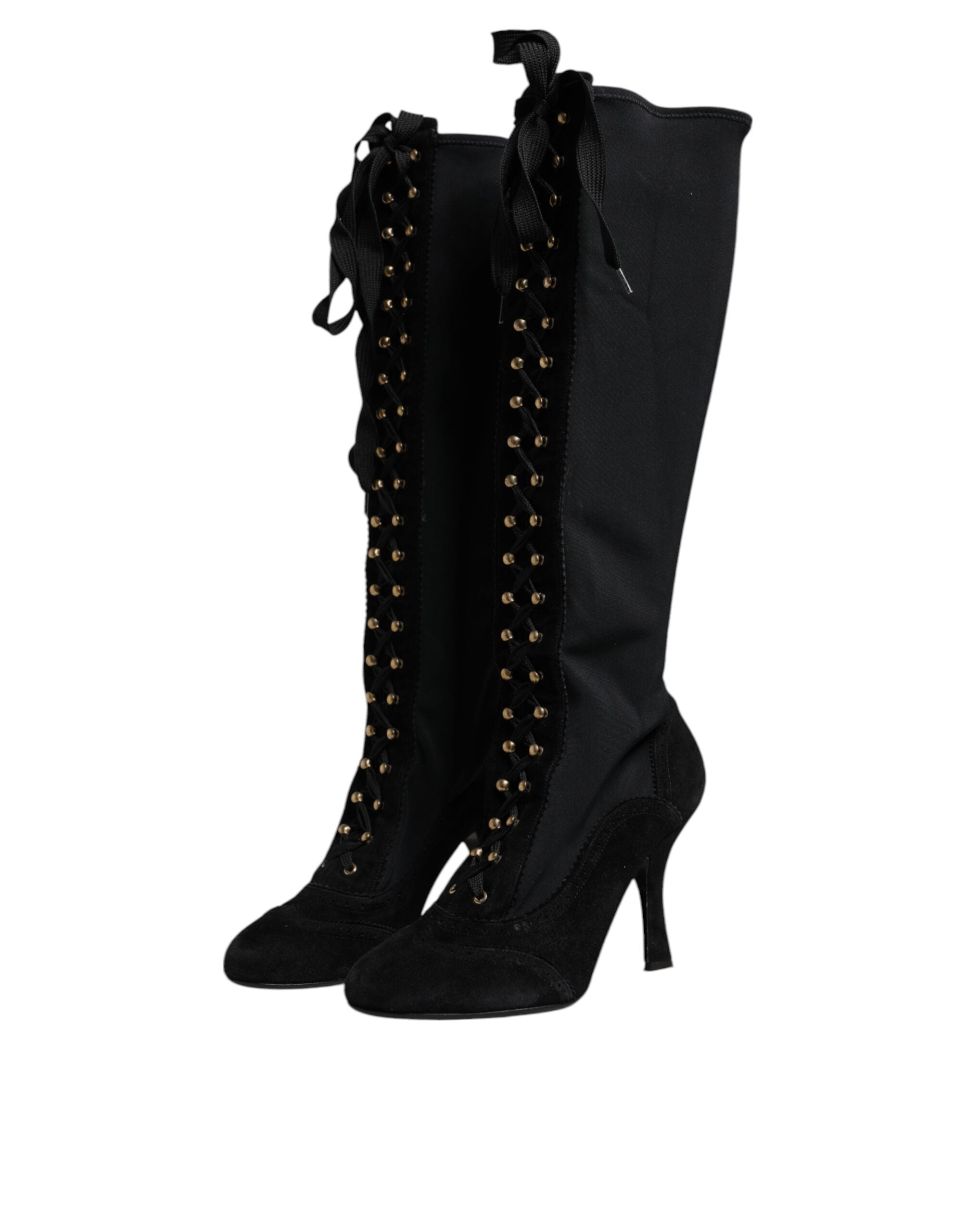 Dolce & Gabbana Black Lace Up Heels High Boots Women's Shoes