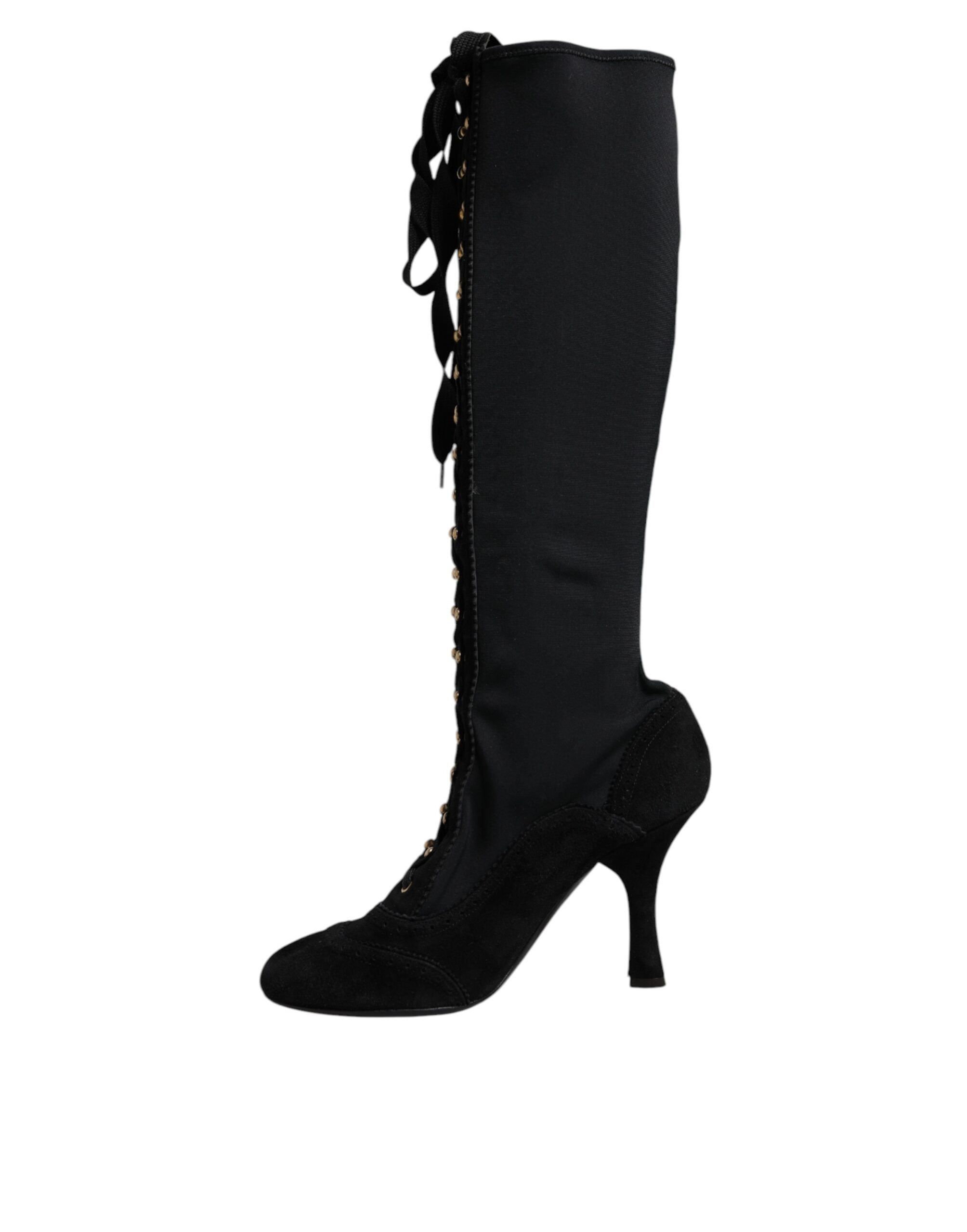Dolce & Gabbana Black Lace Up Heels High Boots Women's Shoes