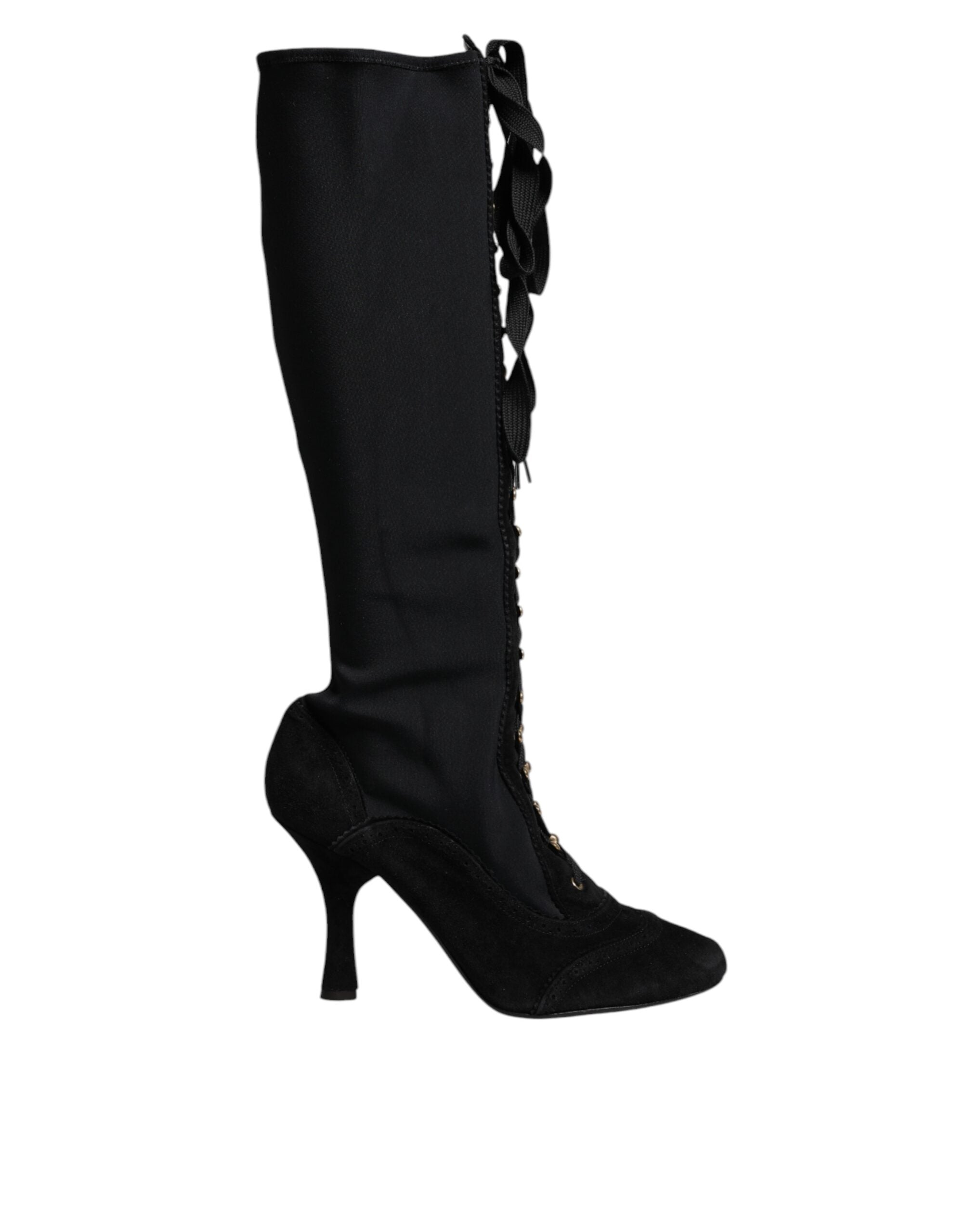 Dolce & Gabbana Black Lace Up Heels High Boots Women's Shoes